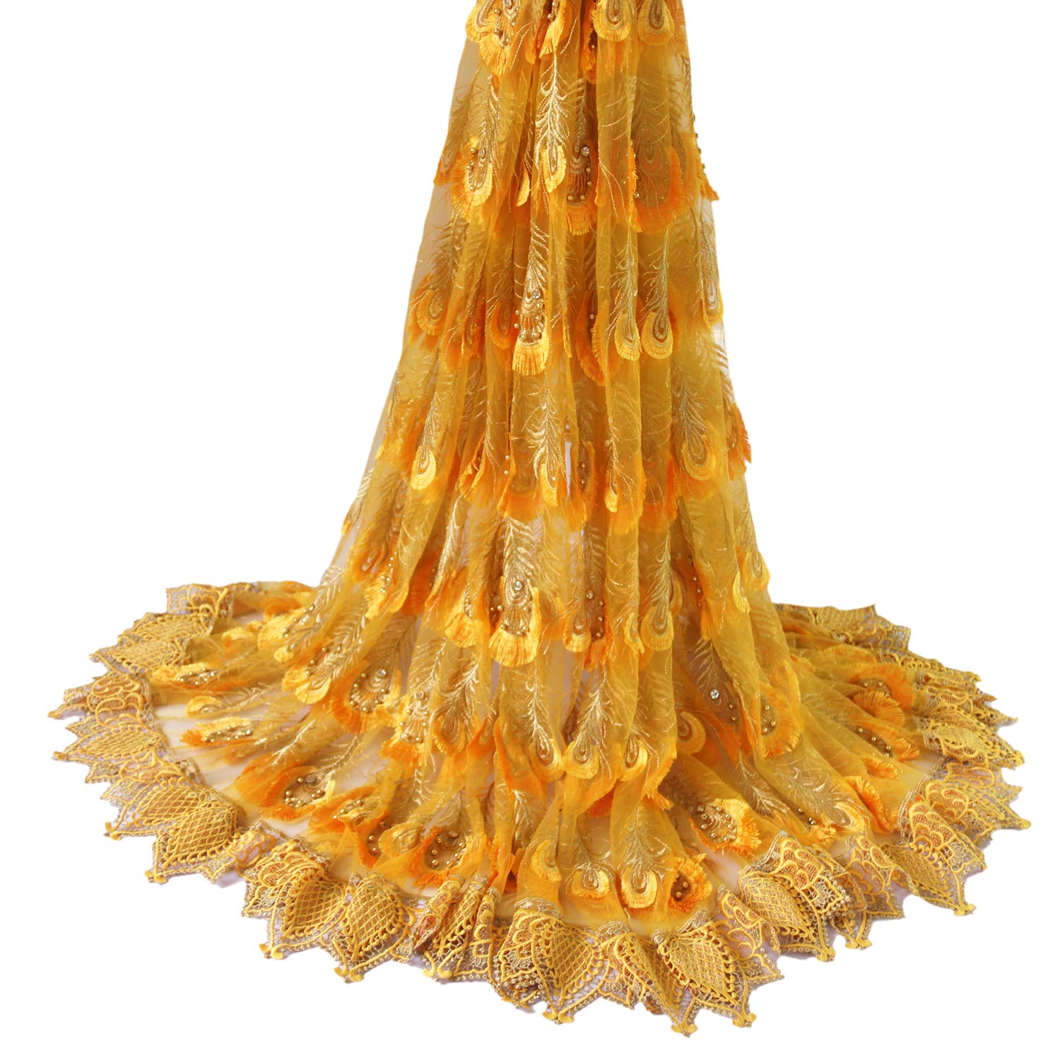 Aisunne 5 Yards African Lace Fabrics Yellow Classics Nigerian French Lace Fabric With Embroidered Beading and Rhinestones For Wedding Party Dresses (Yellow)