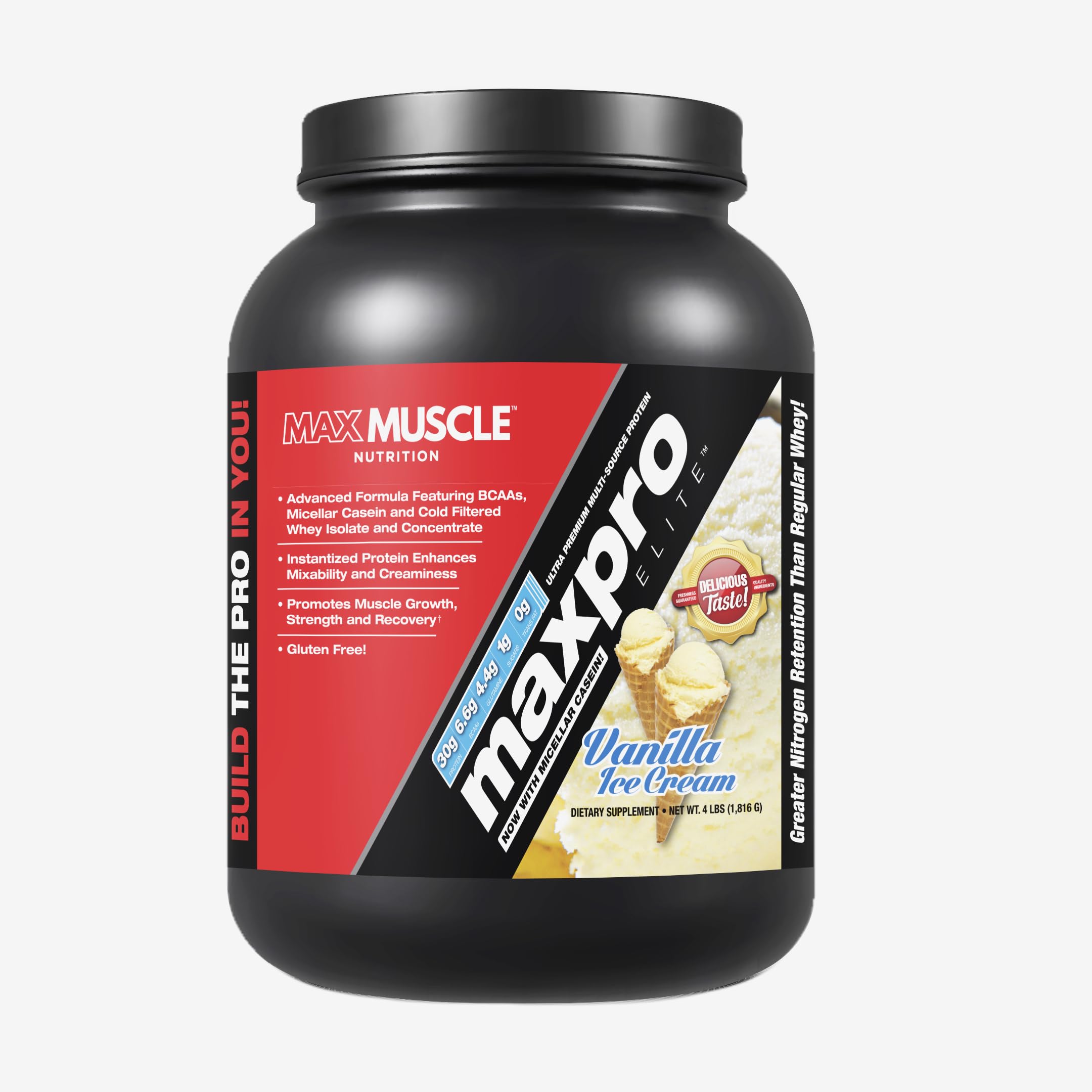 Maxpro Elite Premium Multi-Sourced 30g Whey Protein | Micellar Casein Cold Filtered Whey Isolate Protein Concentrate | Promotes Muscle Growth, Strength and Recovery (Vanilla Ice Cream, 4lb)