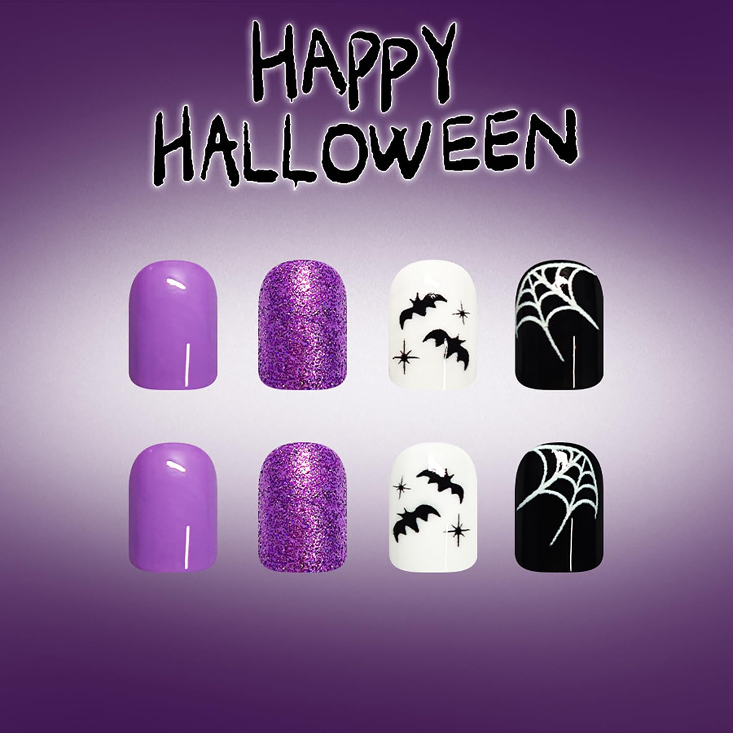 Halloween Press On Nails Short Square Fake Nails Purple Glitter False Nails With Ghost Bat Designs Acrylic Nail Press Ons Full Cover Stick On Nail Spider Glue On Nail For Women 24Pcs
