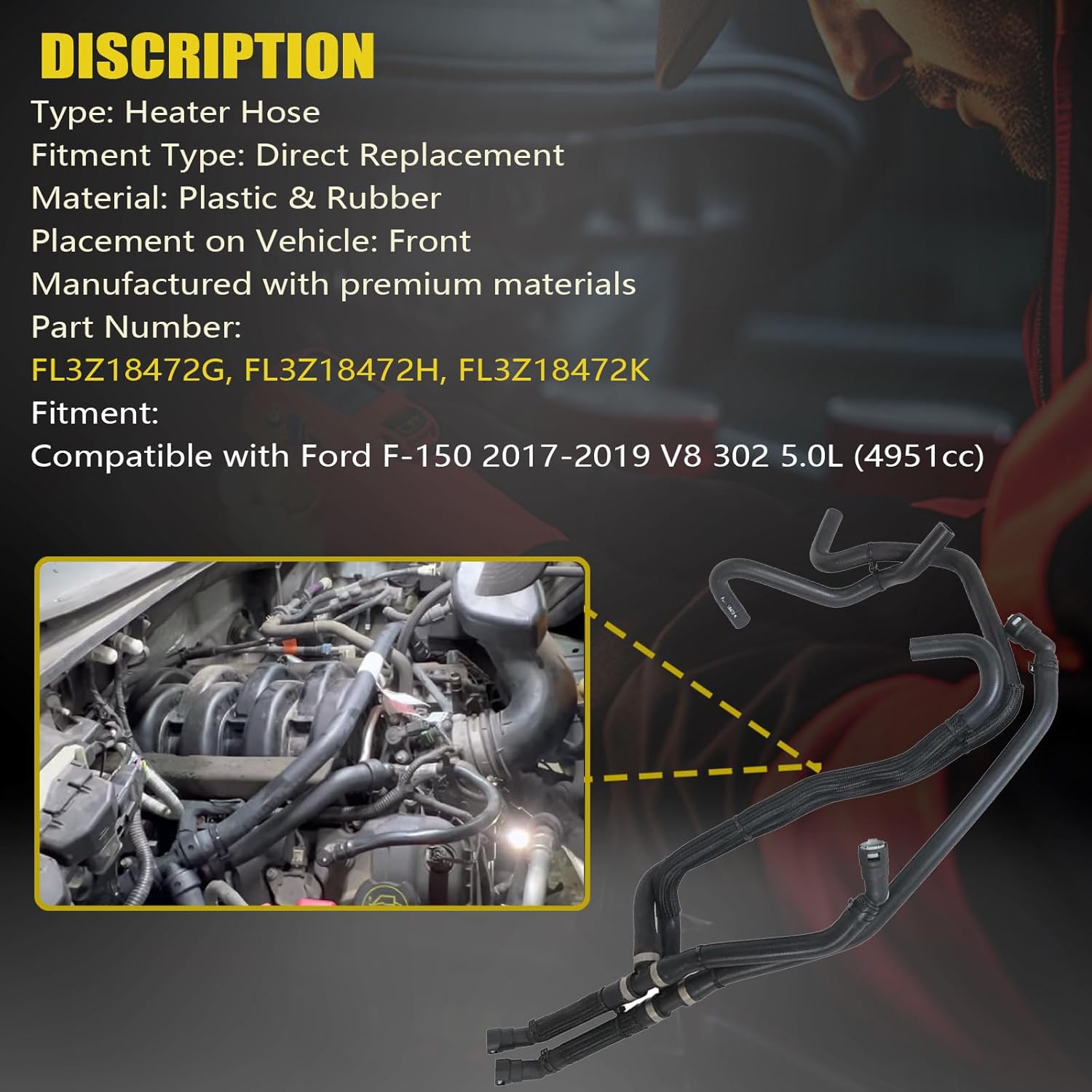 SecosAutoparts Engine Heater Hose Inlet & Outlet Compatible with Ford F-150 2015 2016 2017 5.0L, Replace# FL3Z18472G FL3Z18472H FL3Z18472K
