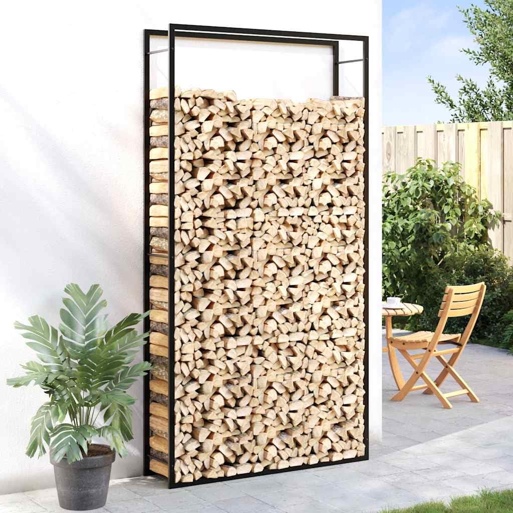 Wytrzymały stojak na drewno opałowe, matowy, czarny, stalowy uchwyt na drewno do kominka do użytku wewnątrz i na zewnątrz, 110 x 28 x 214 cm, drewniany stojak do przechowywania, odporny na