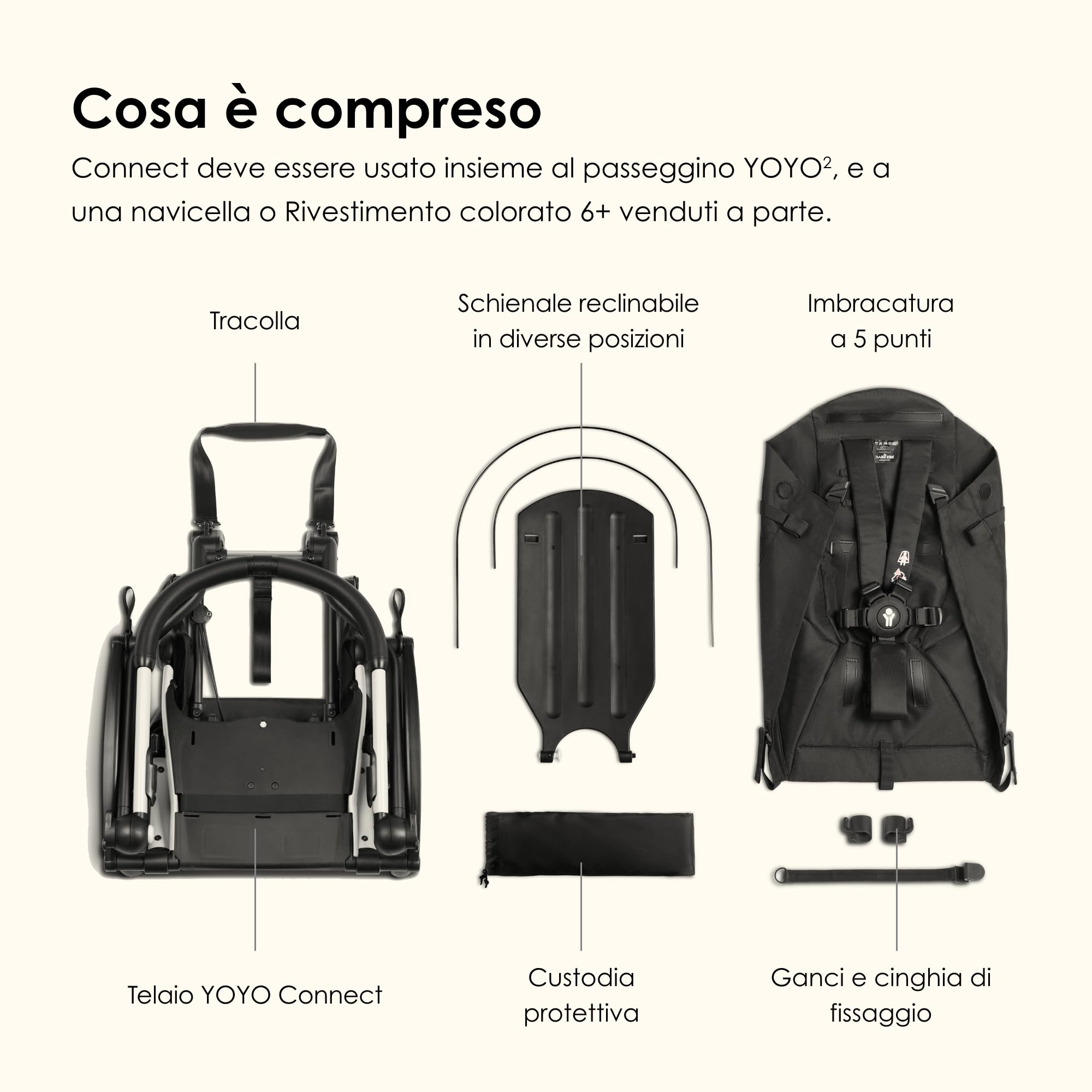 BABYZEN YOYO Connect, Bianco - Trasforma il tuo passeggino YOYO2 in un passeggino doppio - Compatto e maneggevole