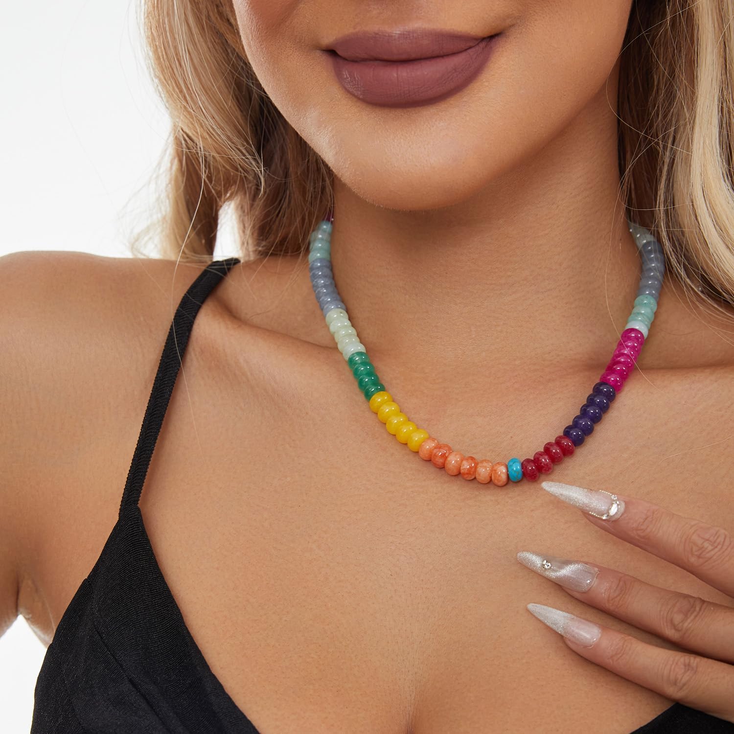 Handmade Adjustable Boho Gemstone Necklace for Women, Natural Color Beaded Choker Necklace, 18K Gold Plated Clasp- Gift for Her (Birthday, Anniversary, Beach Jewelry)