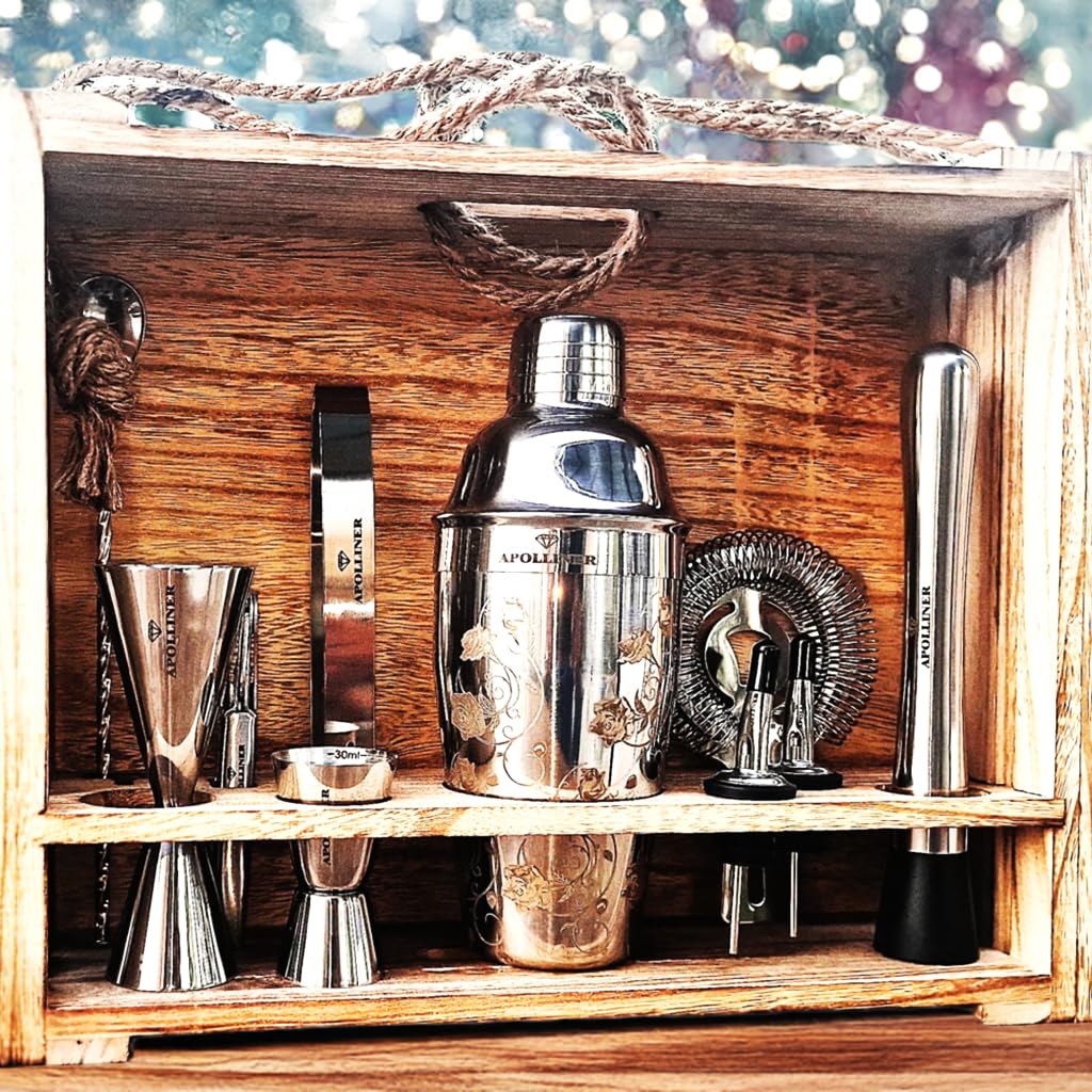 apolliner,shaker Cocktail professionale,kit barman con supporto in legno pregiato |set barman cocktail professionale,kit, cocktail set,bar,cocktail,attrezzatura da bar,regalo casa,Uomo,Donna(16pezzi)