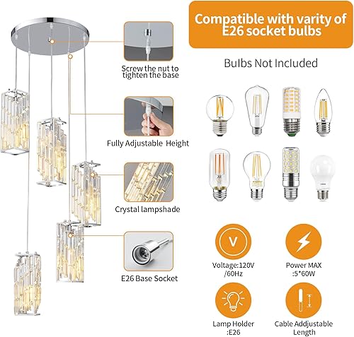 Miniatura 3 de FDPBY Iluminación colgante cromada, lámpara colgante moderna, mini candelabros de cristal, lámpara colgante ajustable para cocina, isla, comedor,