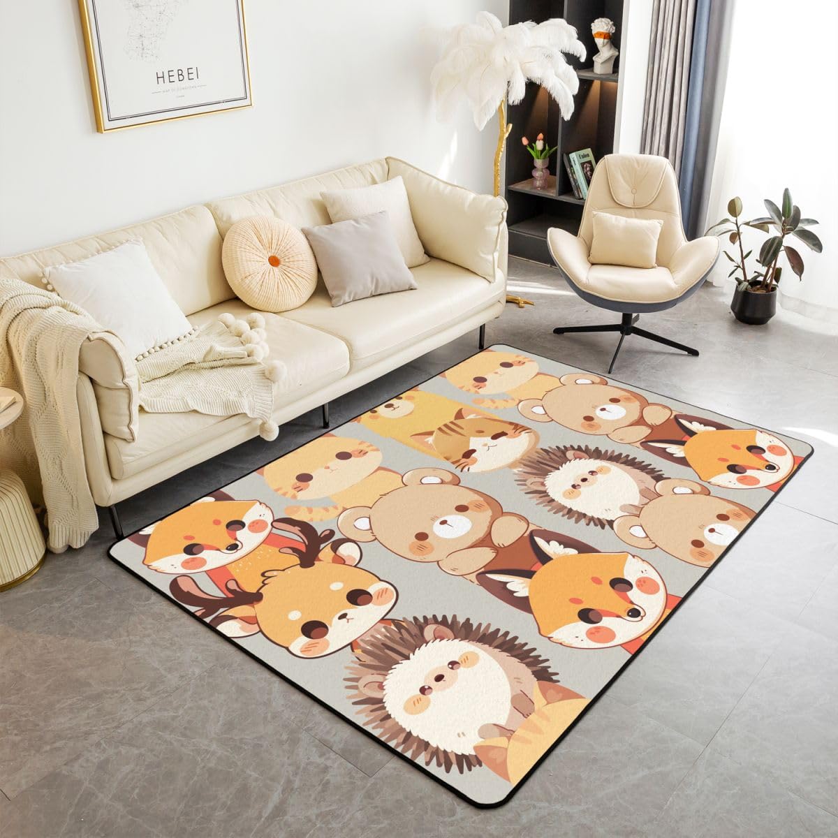 Kawaiis dywan do salonu, ze zwierzętami, 150 x 200 cm, motyw kota, lis, niedźwiedź, jeleń, jeż, do sypialni, dywan dla chłopców i dziewczynek, z kreskówki, dzikie zwierzęta, mata podłogowa
