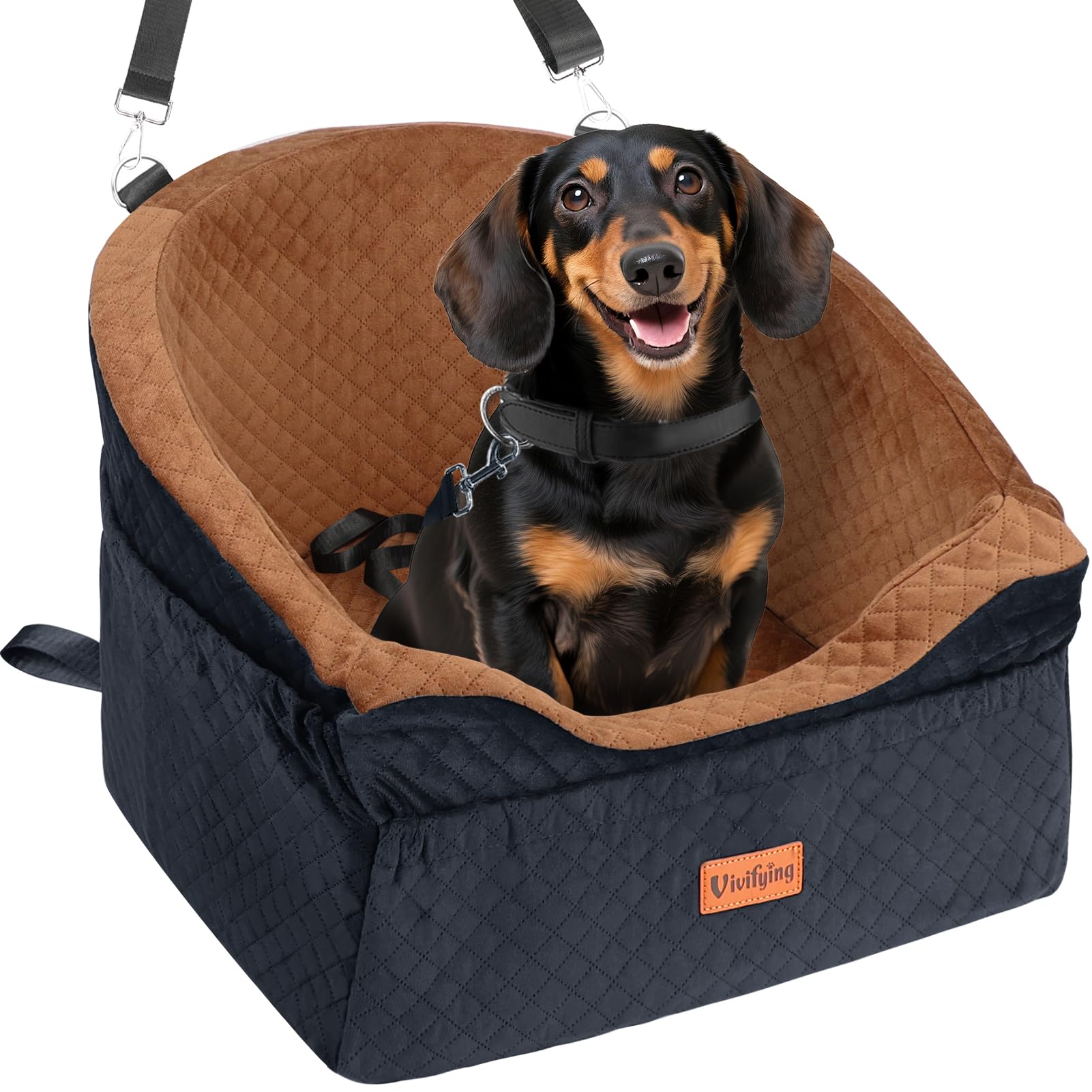 Vivifying Hunde Autositz für kleine bis mittlere Hunde, Waschbarer Hundesitz Auto mit Sicherheitsgurt und Aufbewahrungstaschen, Erhöhter Hundeautositz für Vorder- und Rücksitz, Braun
