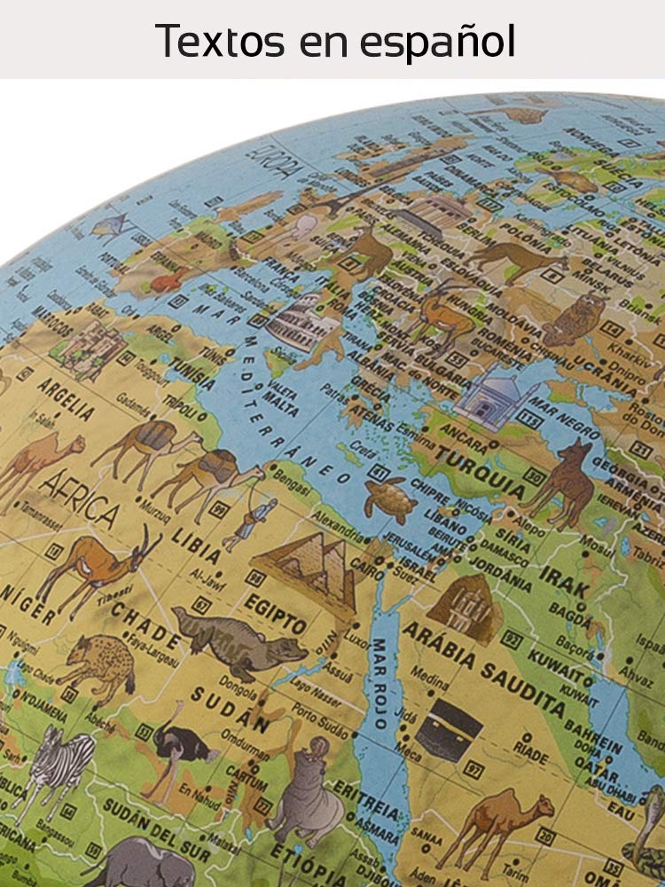 Tecnodidattica - Globo Terráqueo Safari para Niños y Adolescentes | Iluminado y giratorio | Cartografía ilustrada y folleto con Información | Meridiano graduado | Texto en Español | Diámetro 25 cm