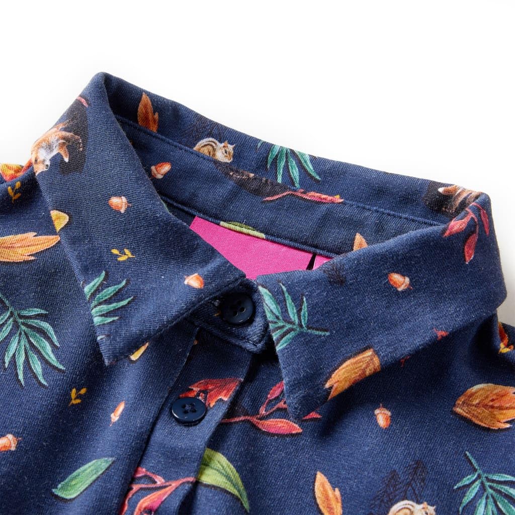 Vestido infantil de manga larga azul marino para niñas, vestido de fiesta con estampado de hojas, algodón elastano, cómodo, transpirable, adecuado para guardería, cumpleaños, fiesta