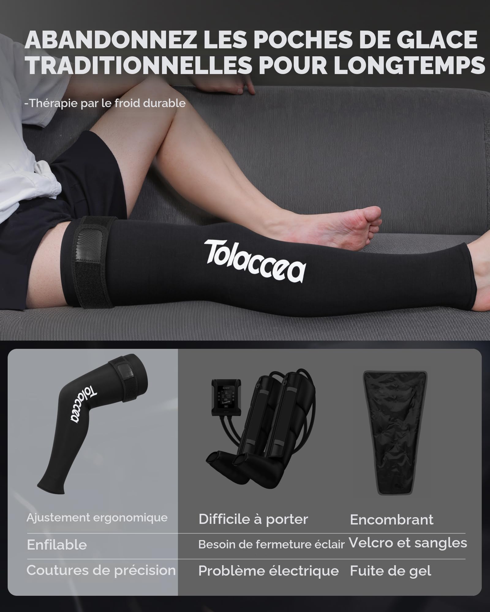 Tolaccea Pack de Froid pour Jambe Complète avec Couverture 360° – Compresse Réutilisable avec Gel pour Soulager la Douleur & la Récupération Musculaire – Manchon de Froid pour Pied, Mollet, Cuisse(L)