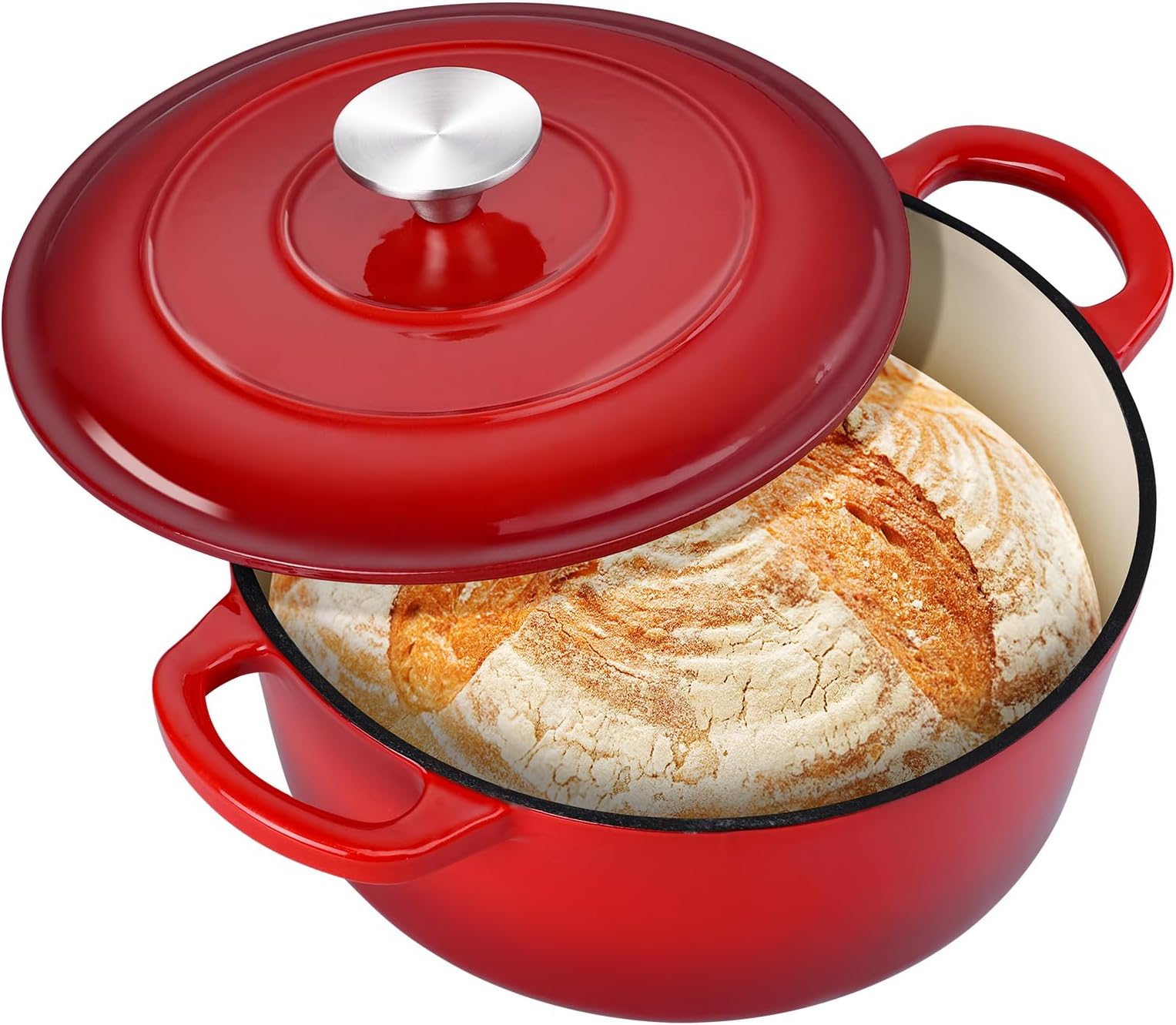 3QT Dutch Oven Pot with Lid, Leonyo 3 Quart Enameled Cast Iron Dutch Oven for Sourdough Bread Baking, Heavy Duty Cookware for Braising, Stews, Roasting, Red