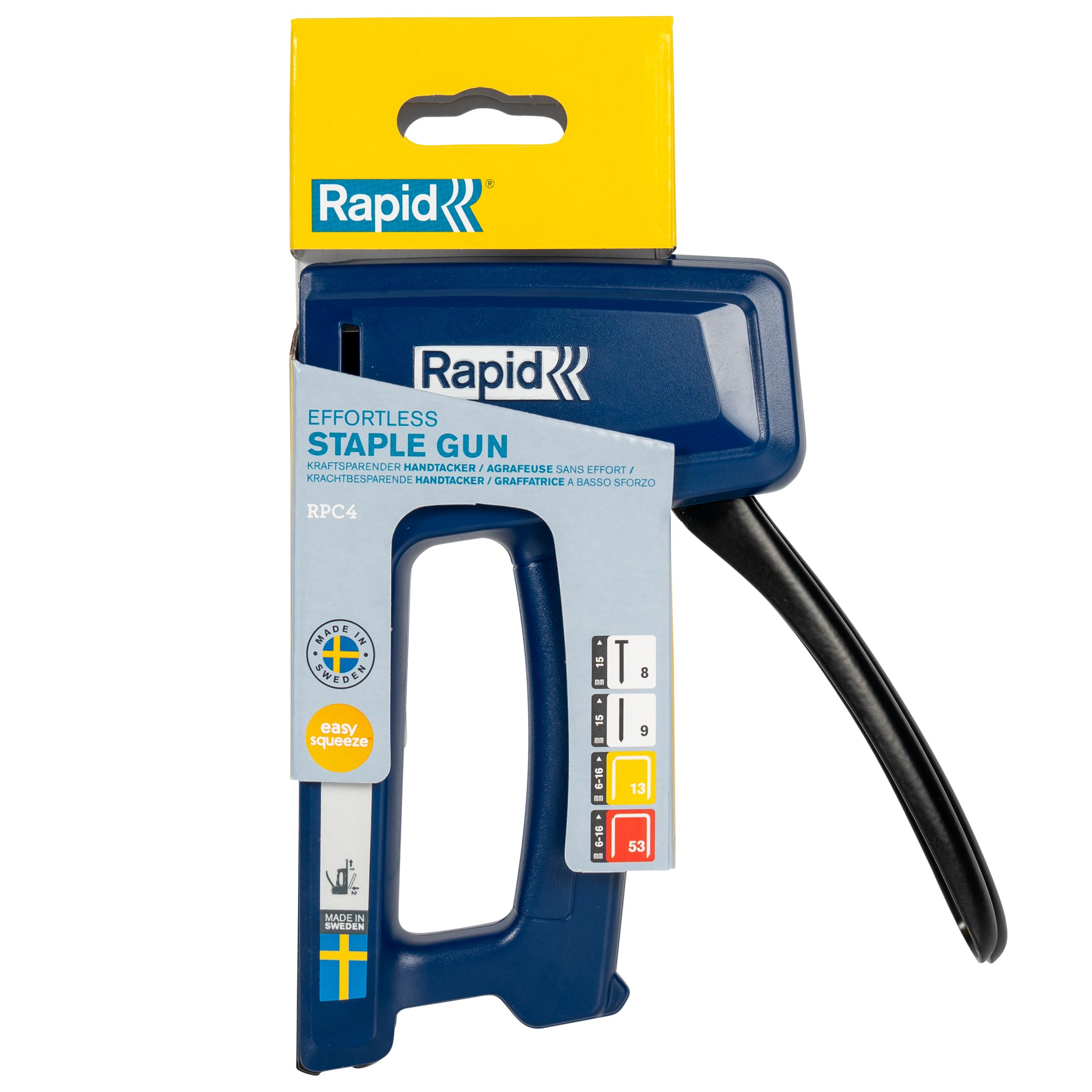 RAPID Cucitrice 4 in 1 per legno resistente - Per fai da te, tappezzeria e tappeti - Resistente e leggera - Fino al 50% più facile da spremere - Made in Sweden - Cucitrice RPC4