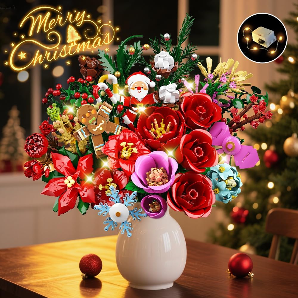 CUBIMANA 25 Pack Flower Bouquet Building Set with LED - Rose Flowers Botanical Collection for Adults Women, Easter Gift for Her/Wife/Girlfriend/Mom, 2203 PCS Artificial Plants for Home Decor