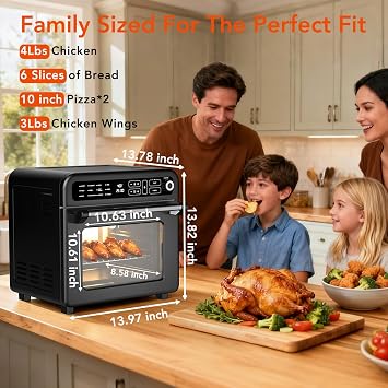 WAA Air Fryer Toaster Oven, 19 QT Air Fryer Toaster Oven Combo, 12-in-1 Digital Countertop Natural Convection Roast Bake Dehydrate and Reheat 1400W Stainless Steel, Black