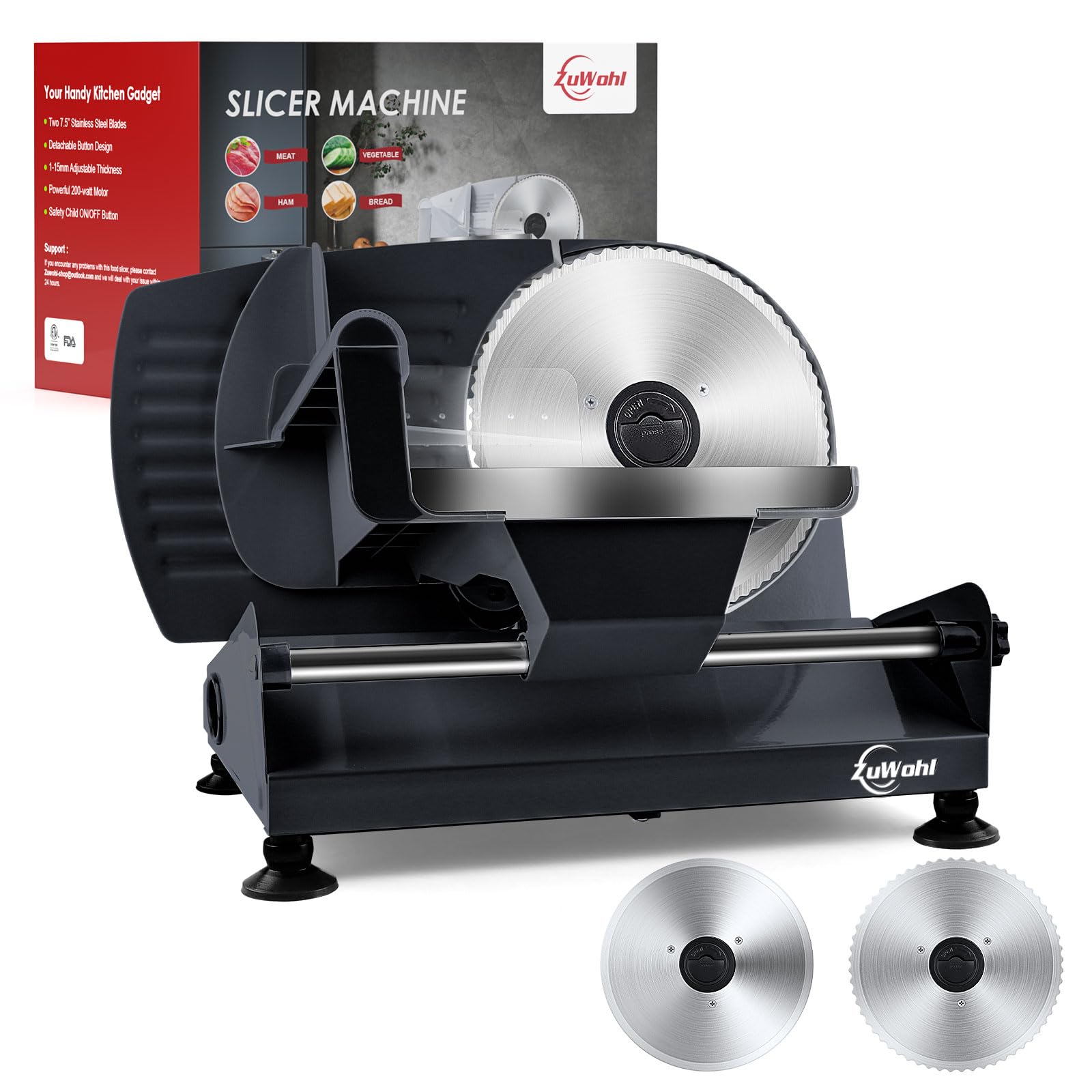 Affettatrice Elettrica da Casa, Due Lame da 19 cm, 200W Affettatrice Professionale con Piedini Antiscivolo e Interruttore ON/OFF, Spessore Preciso 0-15 mm per Affettare Cibi, Carne, Pane