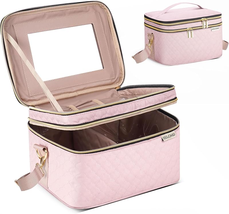 Necessaire de maquiagem HXLGMD com dois compartimentos, bolsos internos, divisória removível e alça de ombro, rosa