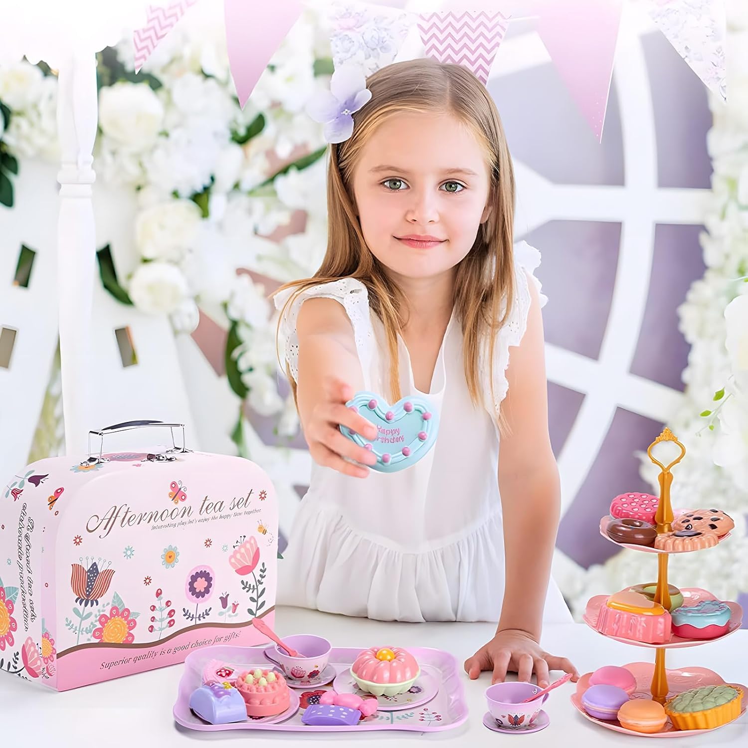 Teeservice Kinder, 46 Teile Puppengeschirr Kinderküche Tin Teekanne Set, Spielküche Zubehör für Kinder Küche Tee Party, Rollenspiele für Spielzeug Mädchen 3 4 5 6 7 Jahre Geschenkideen