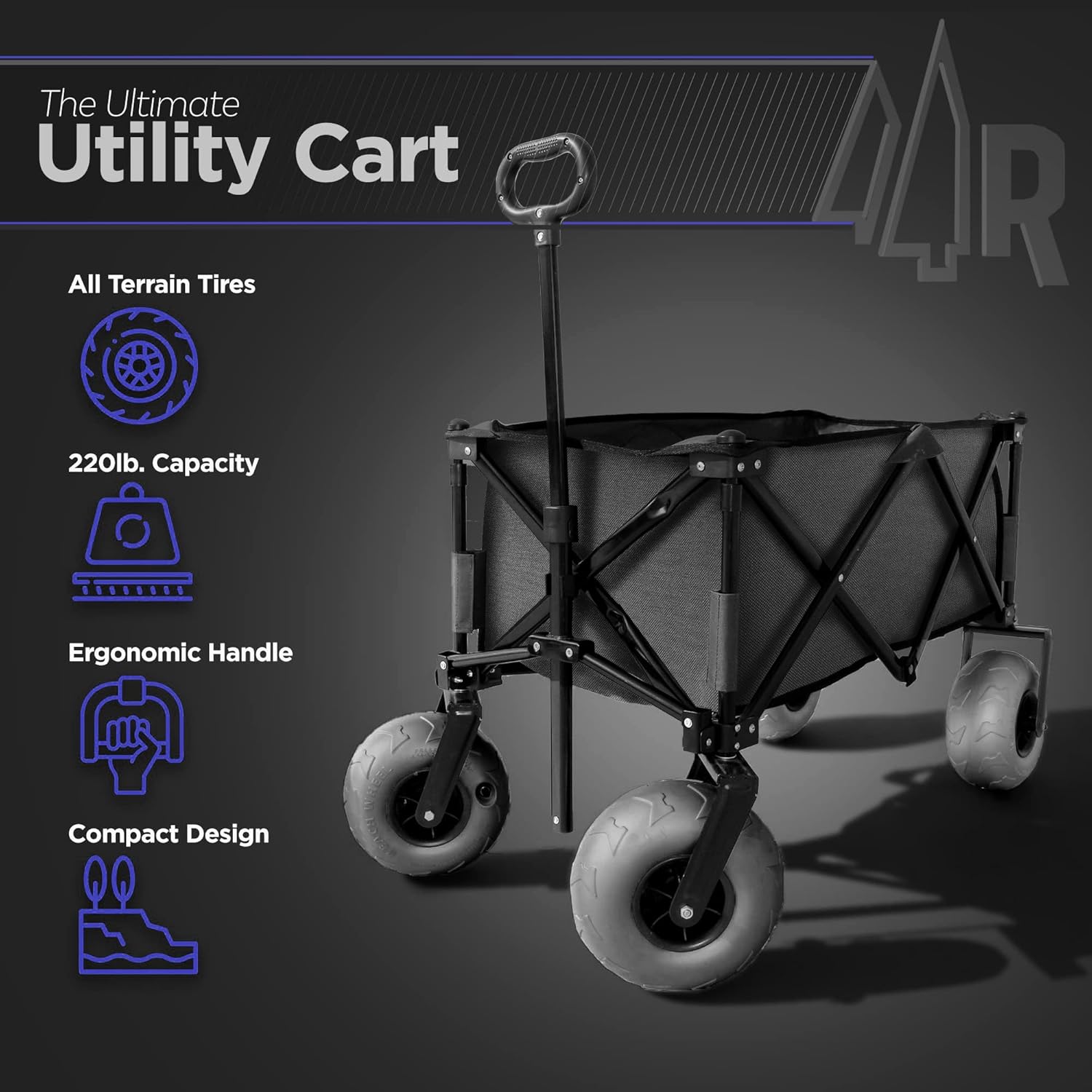 Beach Cart with Big Air Wheels for Sand - All Terrain Sand Wagon with Large Pneumatic Rubber Tires, Folding Design, Heavy-Duty Steel Frame (Black)