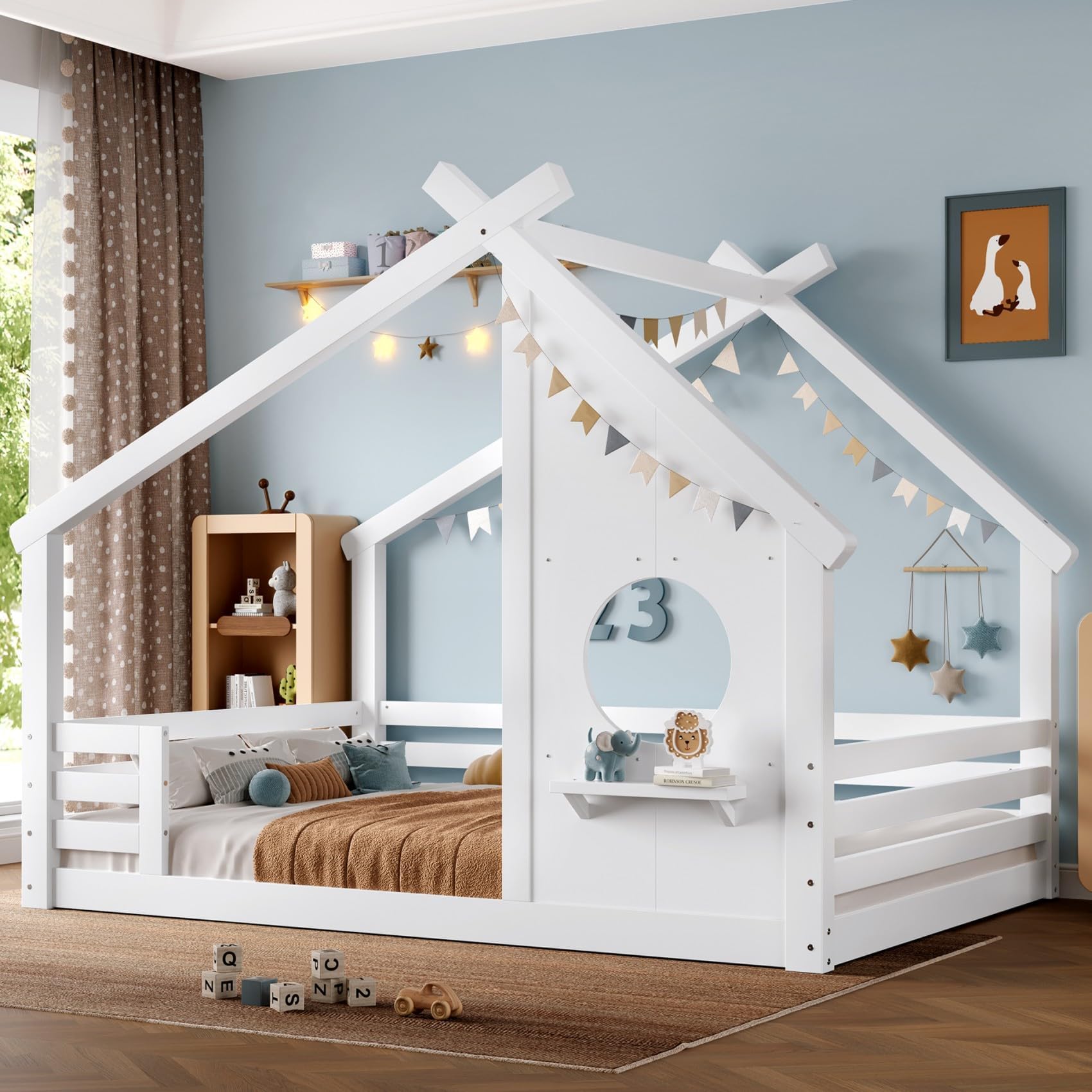 KEIKI Solid Wood Full House Shape Floor Bed Frame for Kids with Window, Roof, Guardrails and Small Shelf, Montessori Low Profile Bedframe Daybed Platform for Girls Boys, No Spring Box Needed, White