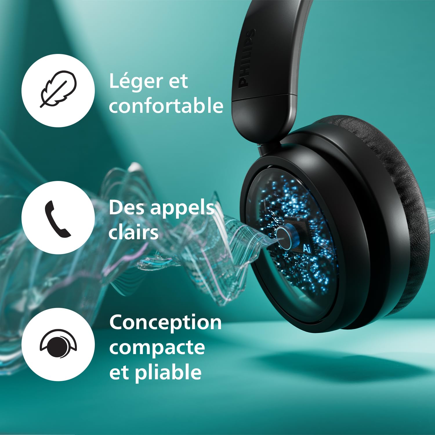 Philips TAH5219BK/00 Casque Bluetooth sans Fil Léger on‑Ear – Jusqu’à 65 h d’autonomie, Son Naturel, appels clairs, Basses dynamiques, Recharge USB‑C 2 h, Housse Souple – Noir