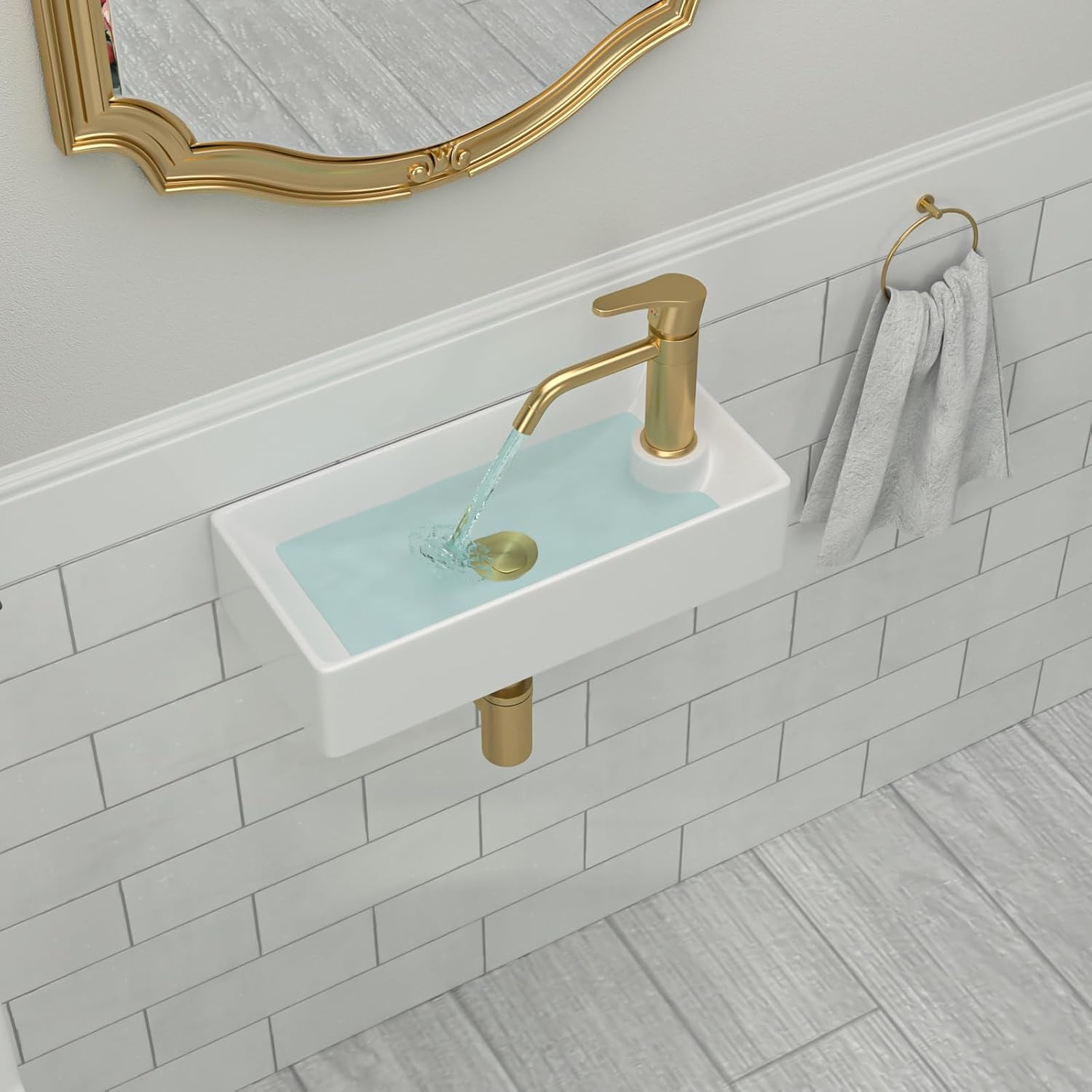 Floating Wall Mount Sink, Small Space-Saving Bathroom Sinks - Beslend 17"x8" Inch White Ceramic Vessel Sink, Rectangular White Art Basin with Single Hole Wall-Mounted 18"x9"
