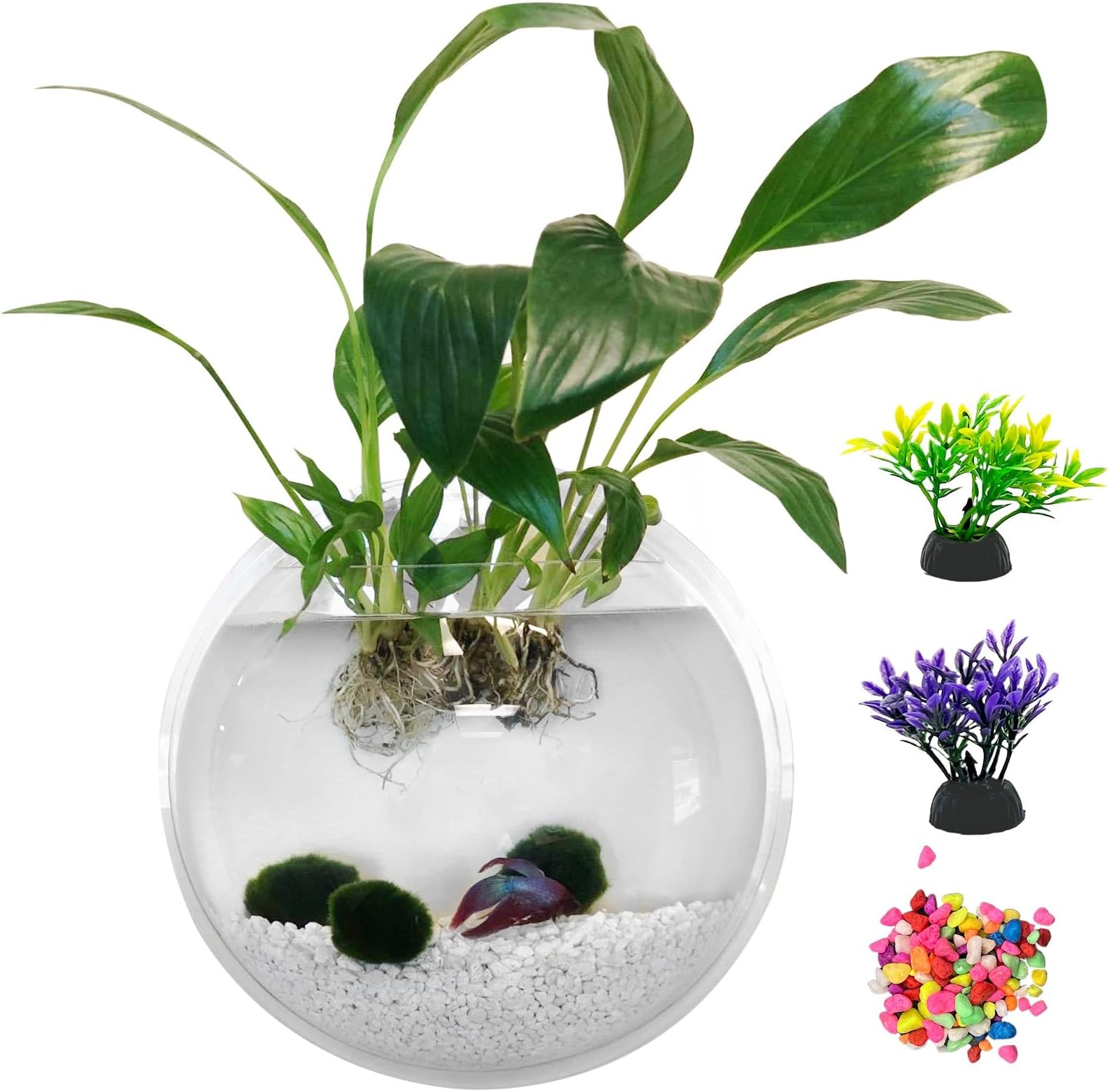 kathson Wall Fish Bowl Acrylic Hanging Aquarium Wall Mounted Bubble Betta Fish Tank Bowl Decor Plant (7.28in)