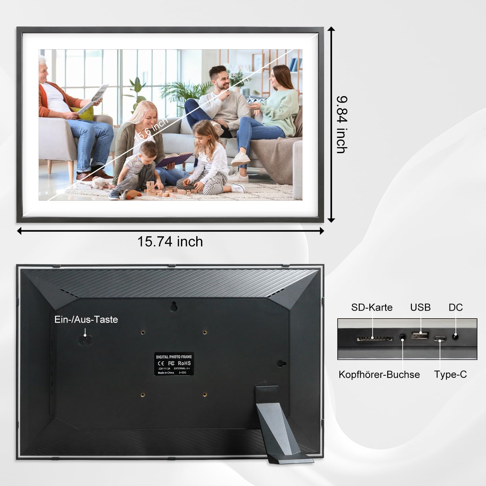 Digitaler Bilderrahmen Groß,15.6 Zoll Frameo Digital Photo Frame, 32 GB, 1920 * 1080 IPS FHD-Touchscreen, Elektronischer Bilderrahmen Tisch- und Wandmontage, Bildvideo teilen