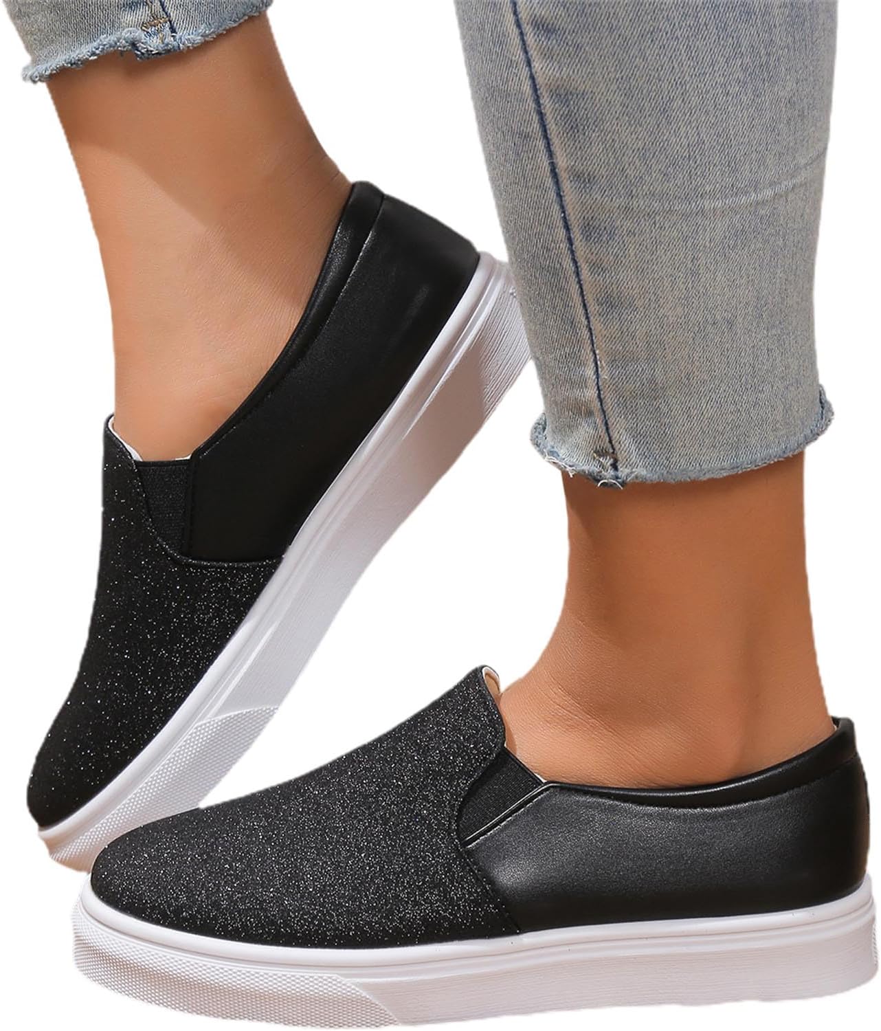 Hbeylia Fashion Platform Sneakers for Women Classic Low Top Glitter Sequin Slip On Chunky Bottom Flats Walking Shoes Trendy Fall Canvas Shoes for Women Ladies Bride Wedding Dress Party Decor