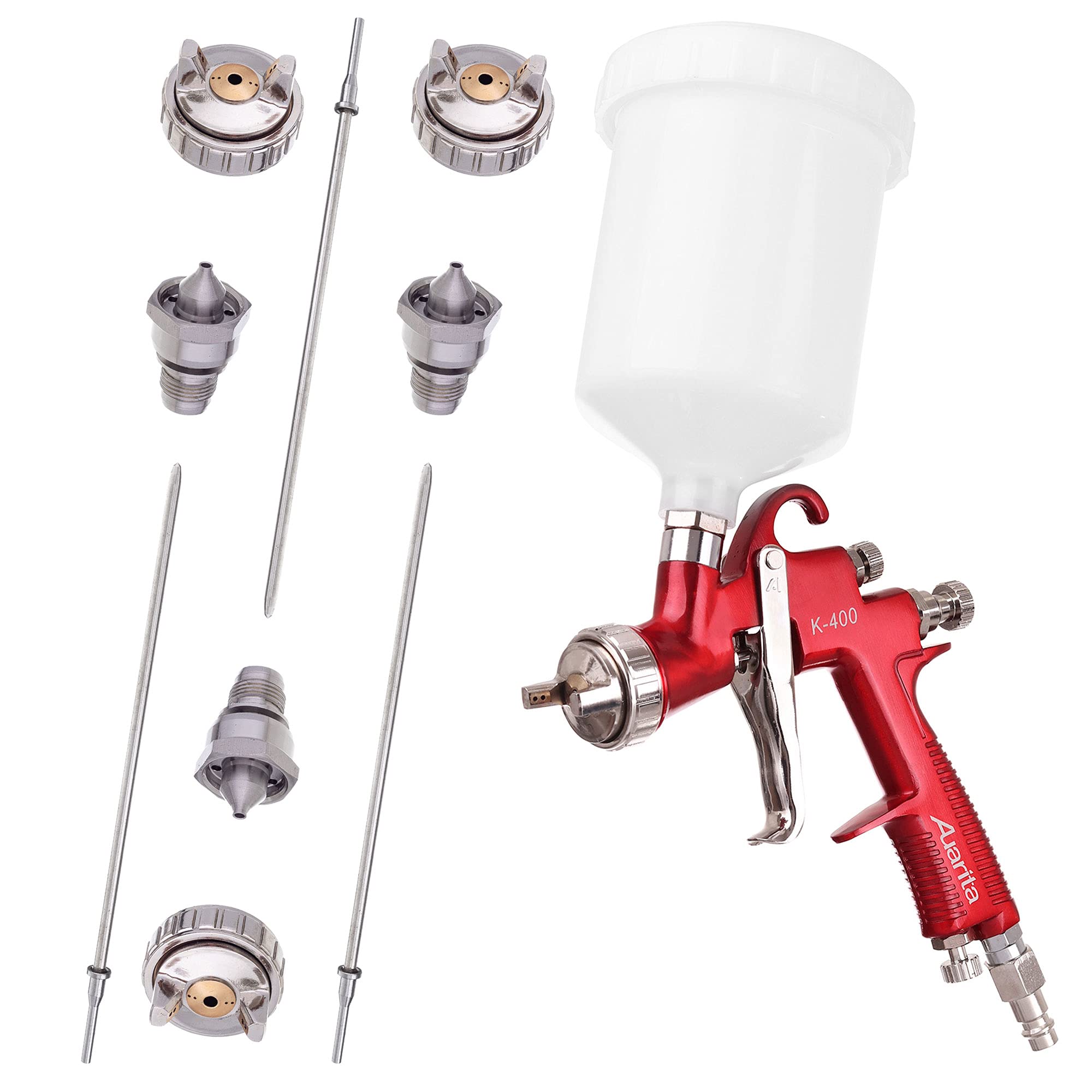 LVMP K-400 - Pistola aerográfica con cuatro boquillas de 1,4 mm + 1,7 mm + 2,0 mm + 2,5 mm, depósito de 600 ml