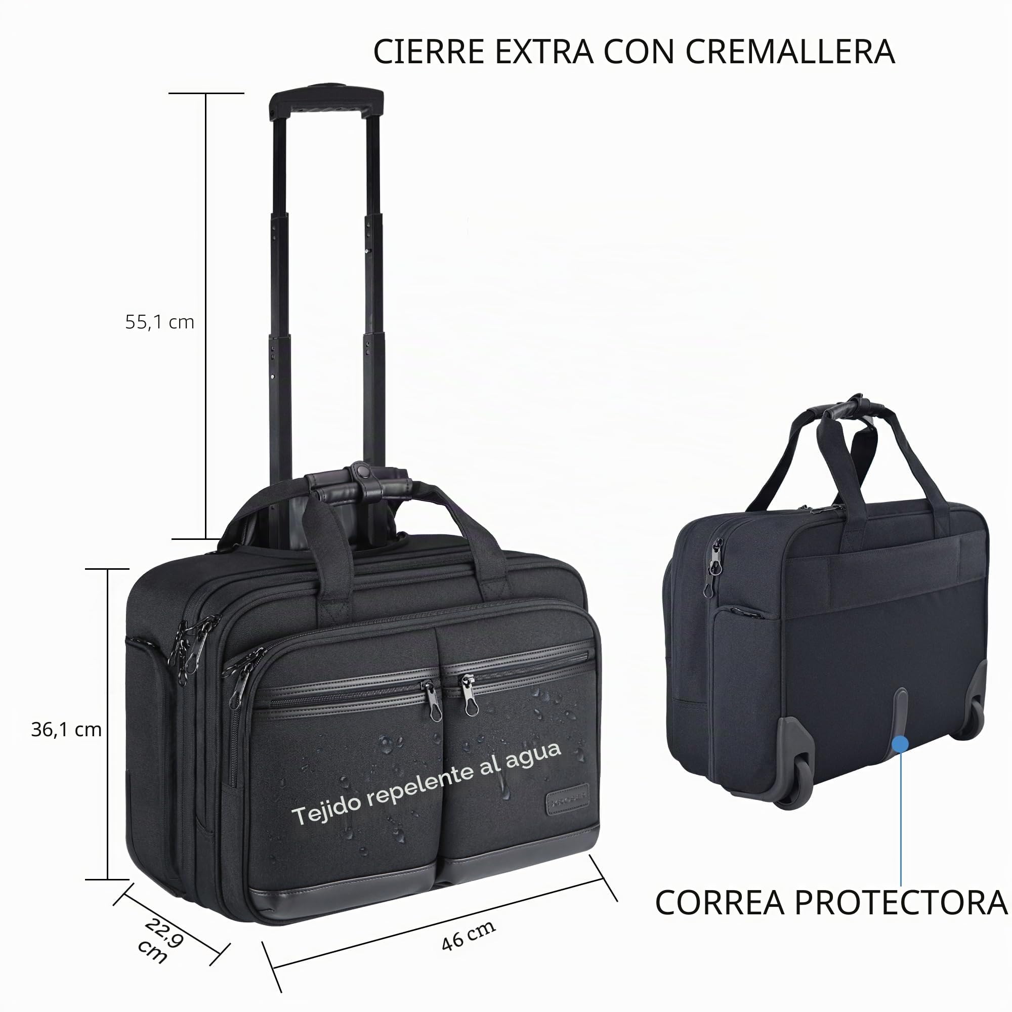 KROSER - Maletín con Ruedas para portátiles de hasta 17,3 Pulgadas, Impermeable, con Bolsillos RFID, para Viajes, Escuela, Hombres y Mujeres, Color Negro