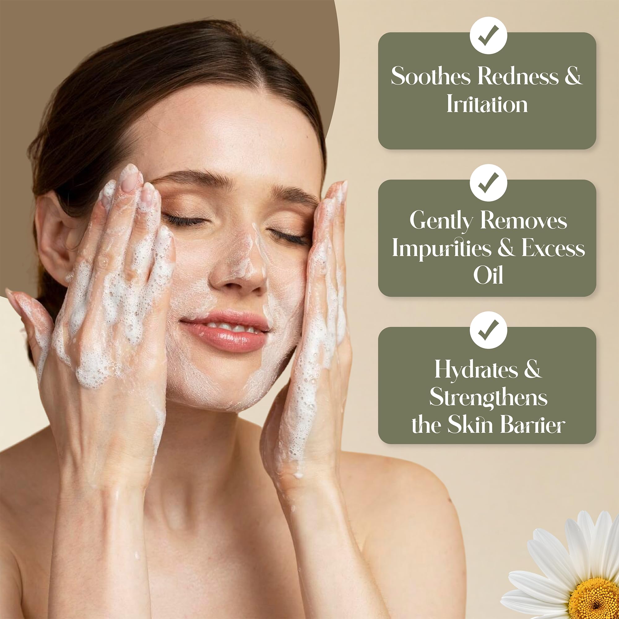Espuma limpiadora facial orgánica – Limpieza facial suave para pieles sensibles – Con aloe vera, ácido hialurónico y manzanilla – Limpiador de espuma hidratante – Vegano y sin perfume – 150 ml