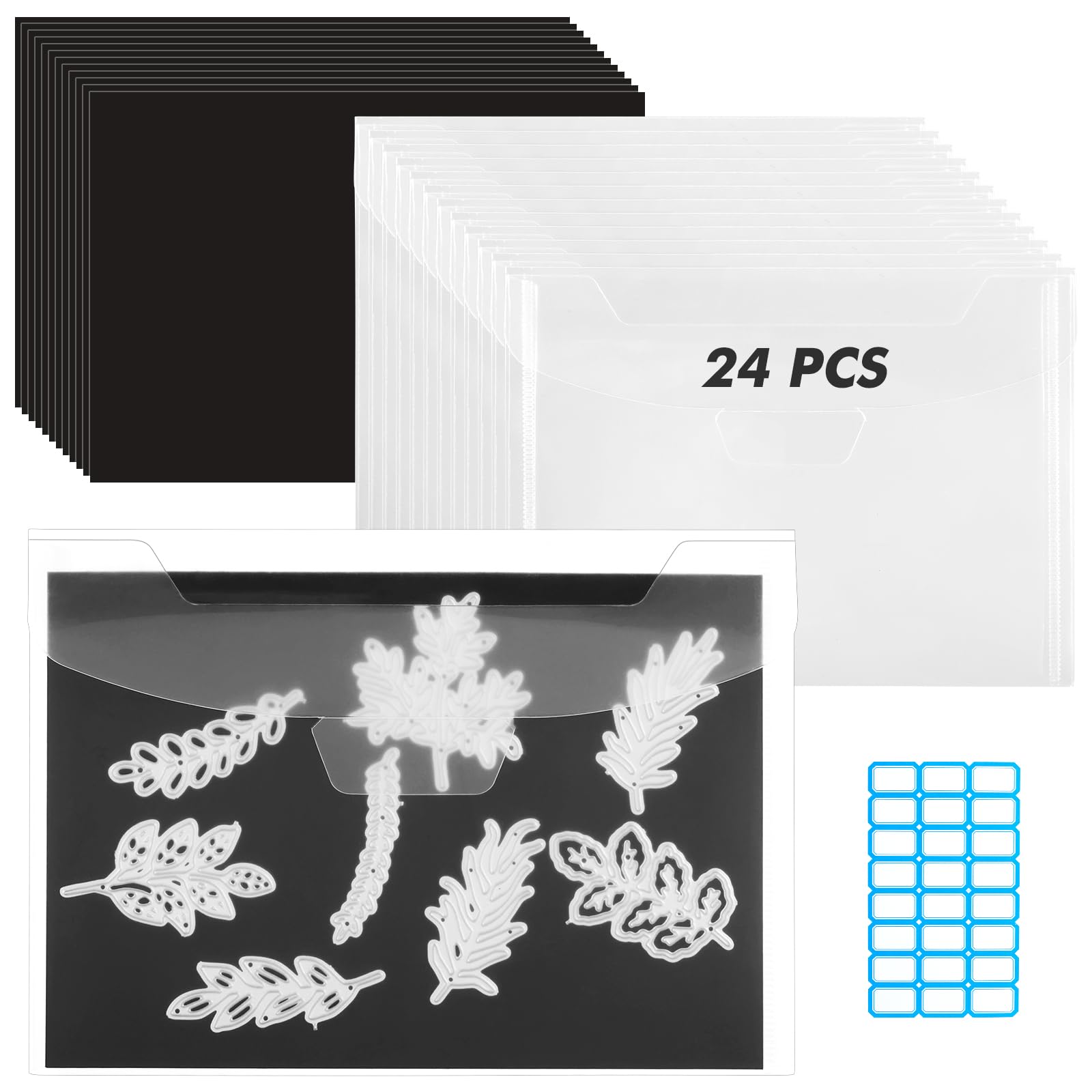 24 Pcs 5 x 7 Inch Magnetic Sheets for Dies Storage 0.6 mm Thickness Non-Adhesive Magnetic Sheets with Die Storage Bags, Die Cut Storage Essential Set (12 Pcs Sheets+12 Pcs Pockets+Label Stickers)