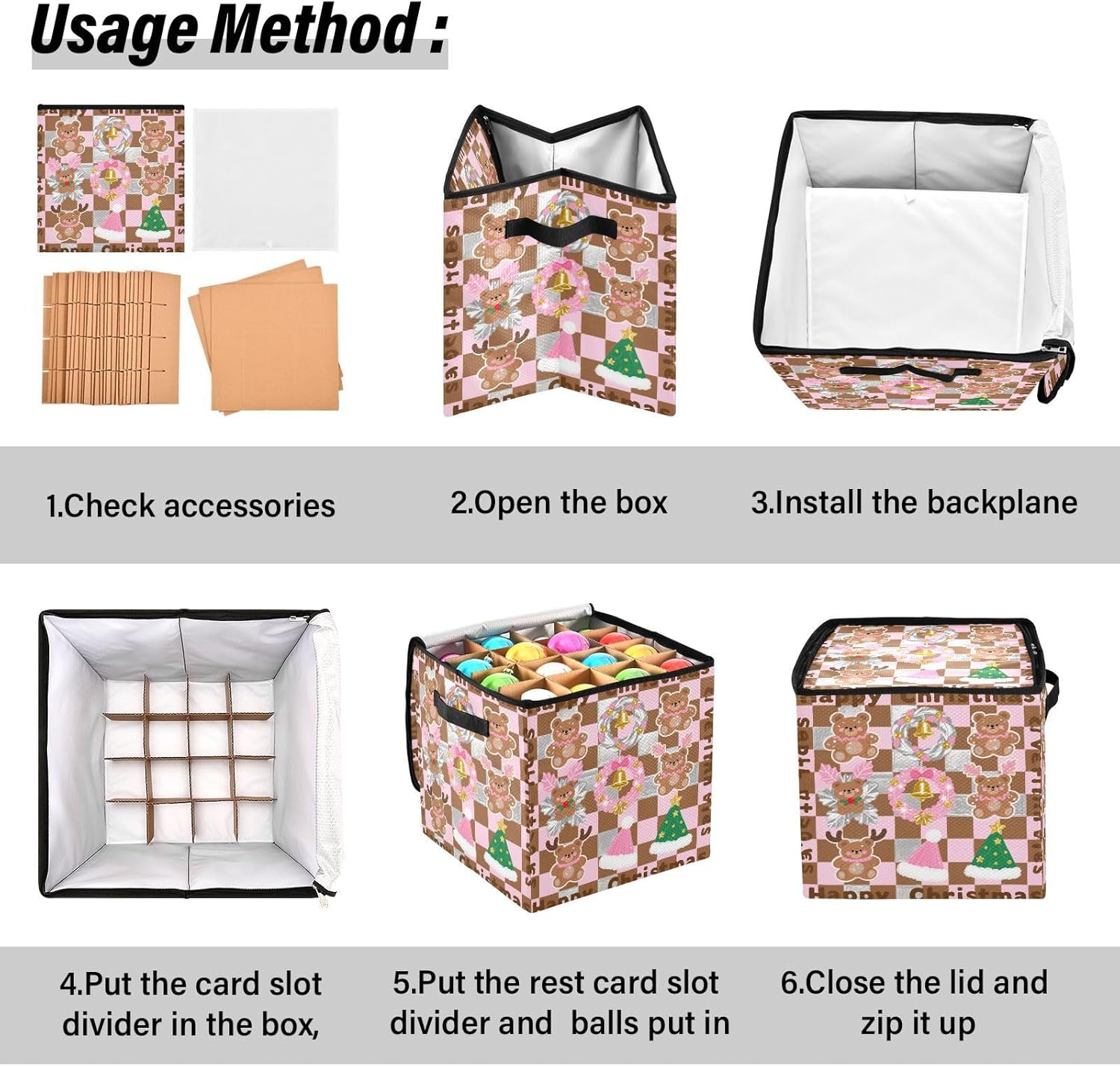 High Capacity Christmas ornament organizer Holds Up to 64, Adjustable Dividers sturdy Holiday Storage Case with Lid,Brown-pink Check Christmas