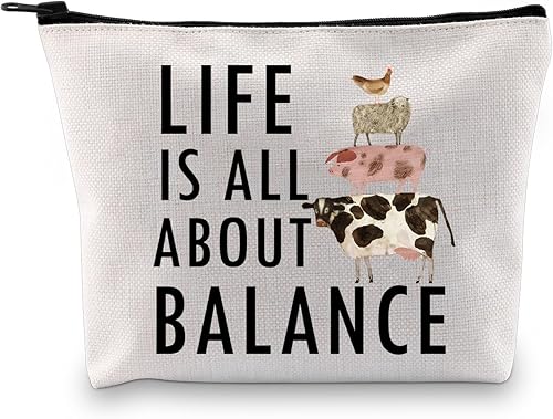 BDPWSS Lindo regalo de animales de granja Country Farm Girl Gift Life Is All About Balance Pollo, oveja, cerdo, vaca, bolsa de cosméticos, Balance
