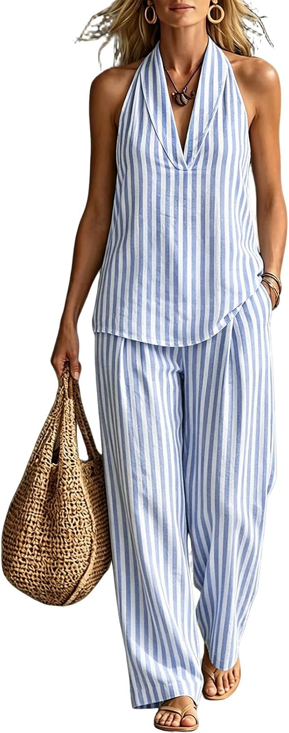 Women Striped 2 Piece Sets Summer Halter V Neck Top and Wide Leg Pants Matching Outfits Casual Set with Pockets