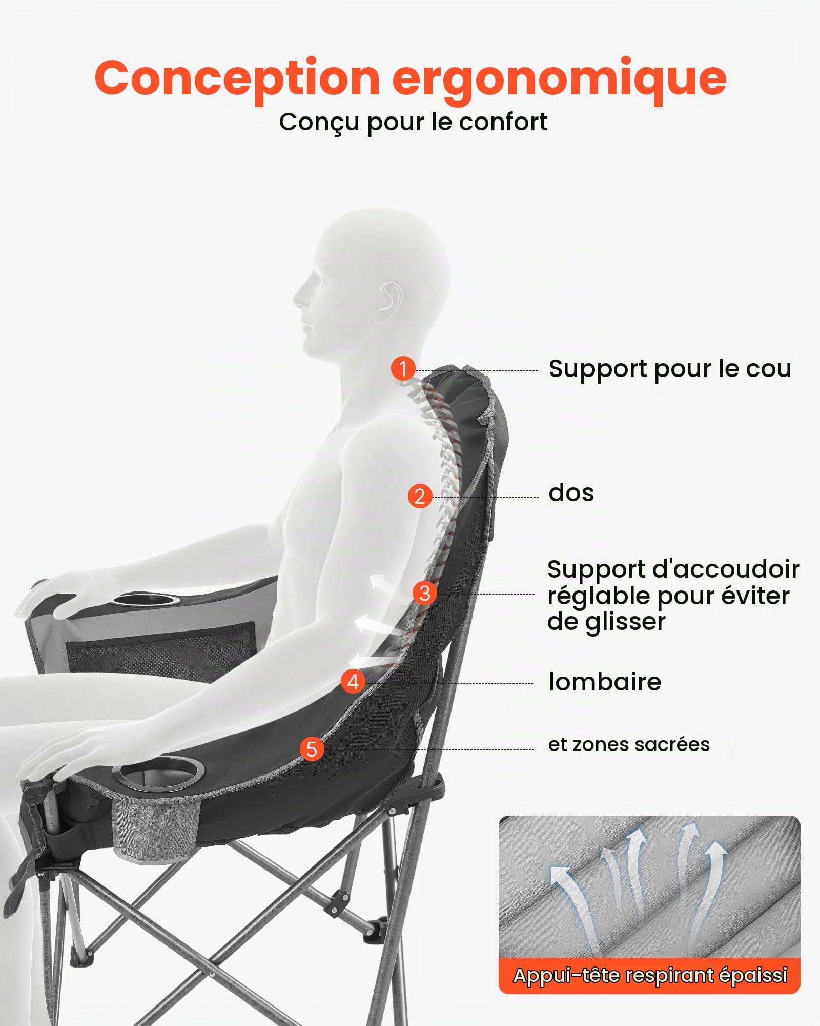 VEVOR Chaise de Camping Pliante et Portable, Fauteuil Pliable Camping Charge Maximale 204 kg, pour Pique-Nique Randonnée Pêche en Plein Air, avec Porte-gobelet, Porte-Verre à Vin et Sac de Transport
