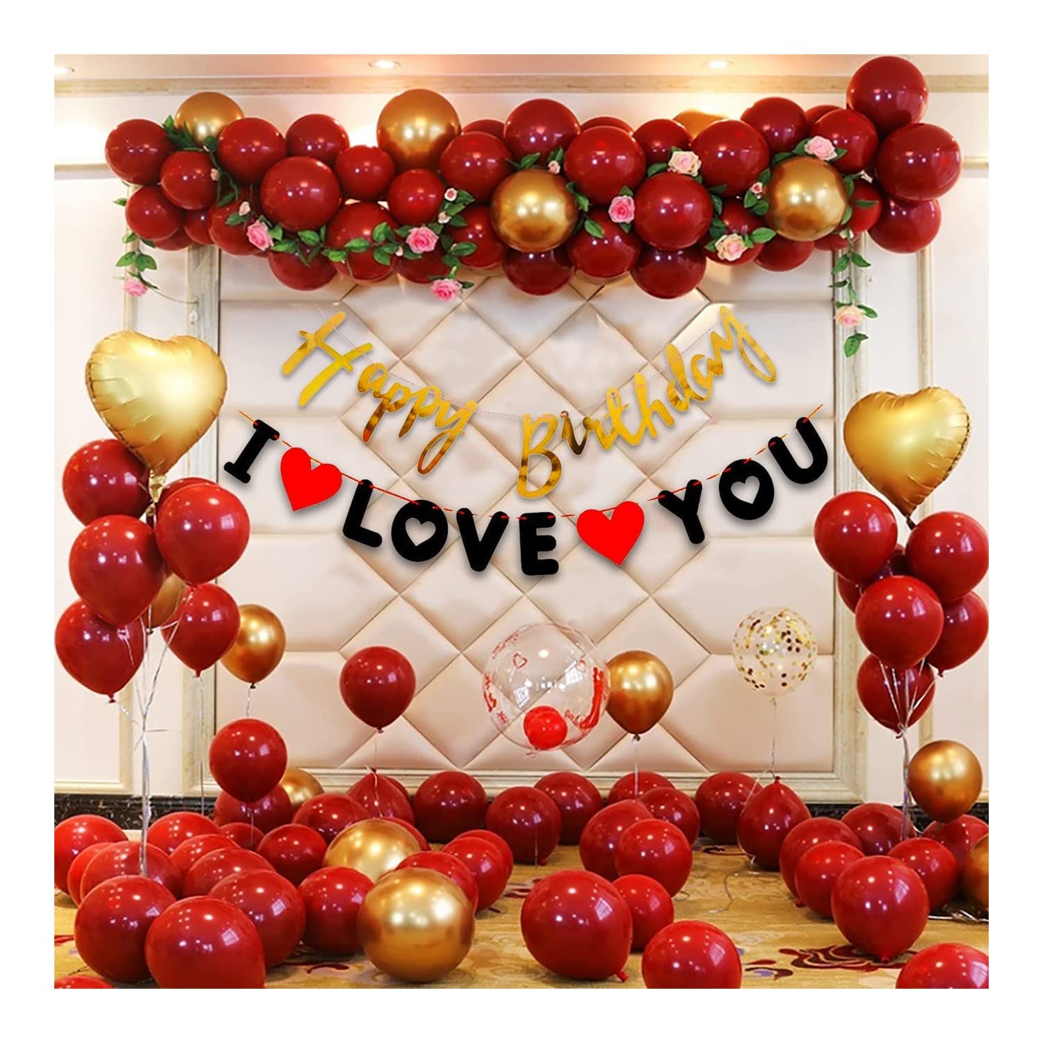 Party Propz Birthday Decoration Items – 45Pcs, Birthday Decortion Items For Wife | Birthday Decorations For Girls, Boys | Heart Foil Balloons For Decoration | I Love You Birthday Decor for Wife