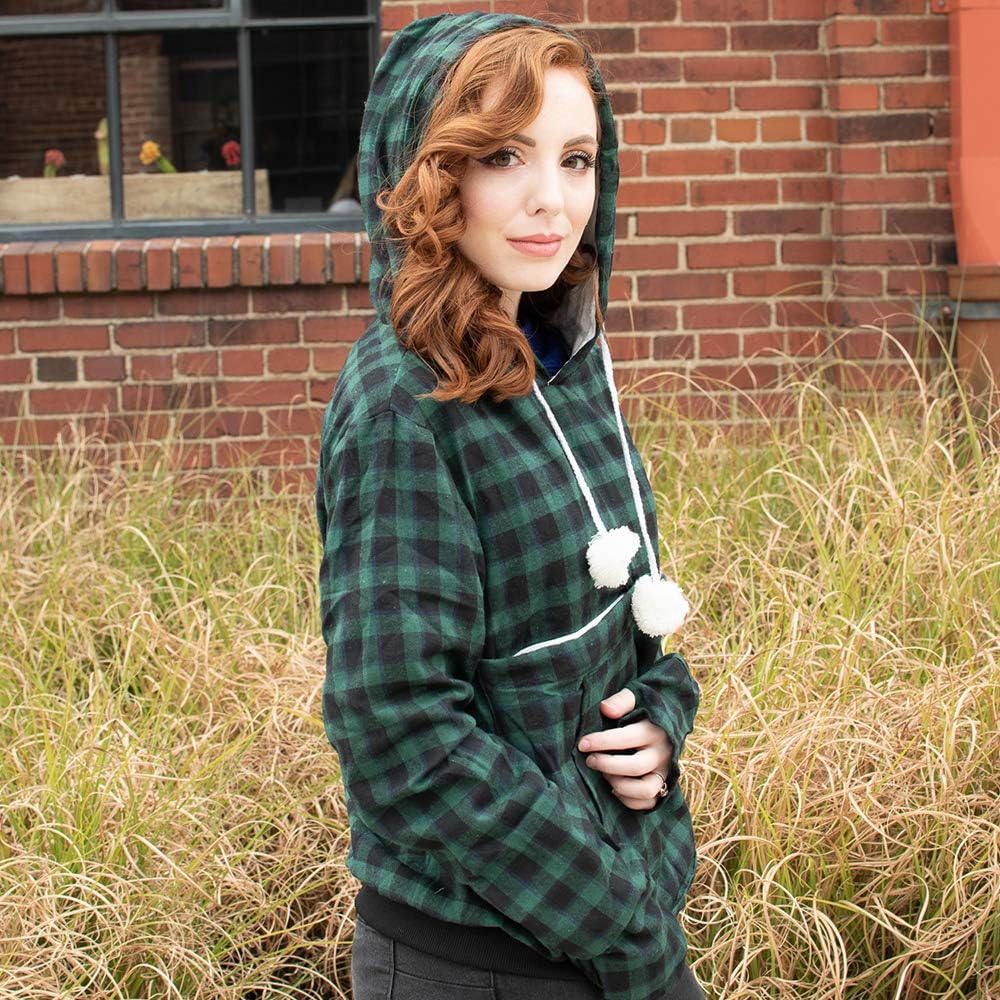 Pet Pouch Hoodie - Cat Dog Holder Sweatshirt Large Pocket Carrier Pullover Tops for Women (Green+Black, Medium)