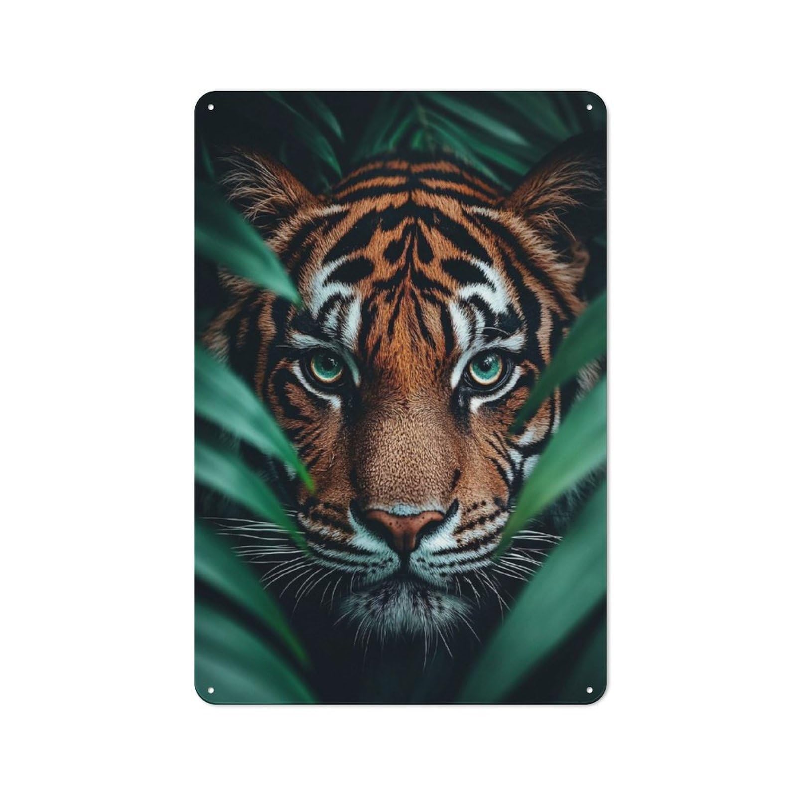 Decorative Tin Plaque with Tiger Portrait in The Jungle Foliage Design 30x20cm, Decorative Novelty Wall Art for Bedroom, Kitchen, Office Or Living Room