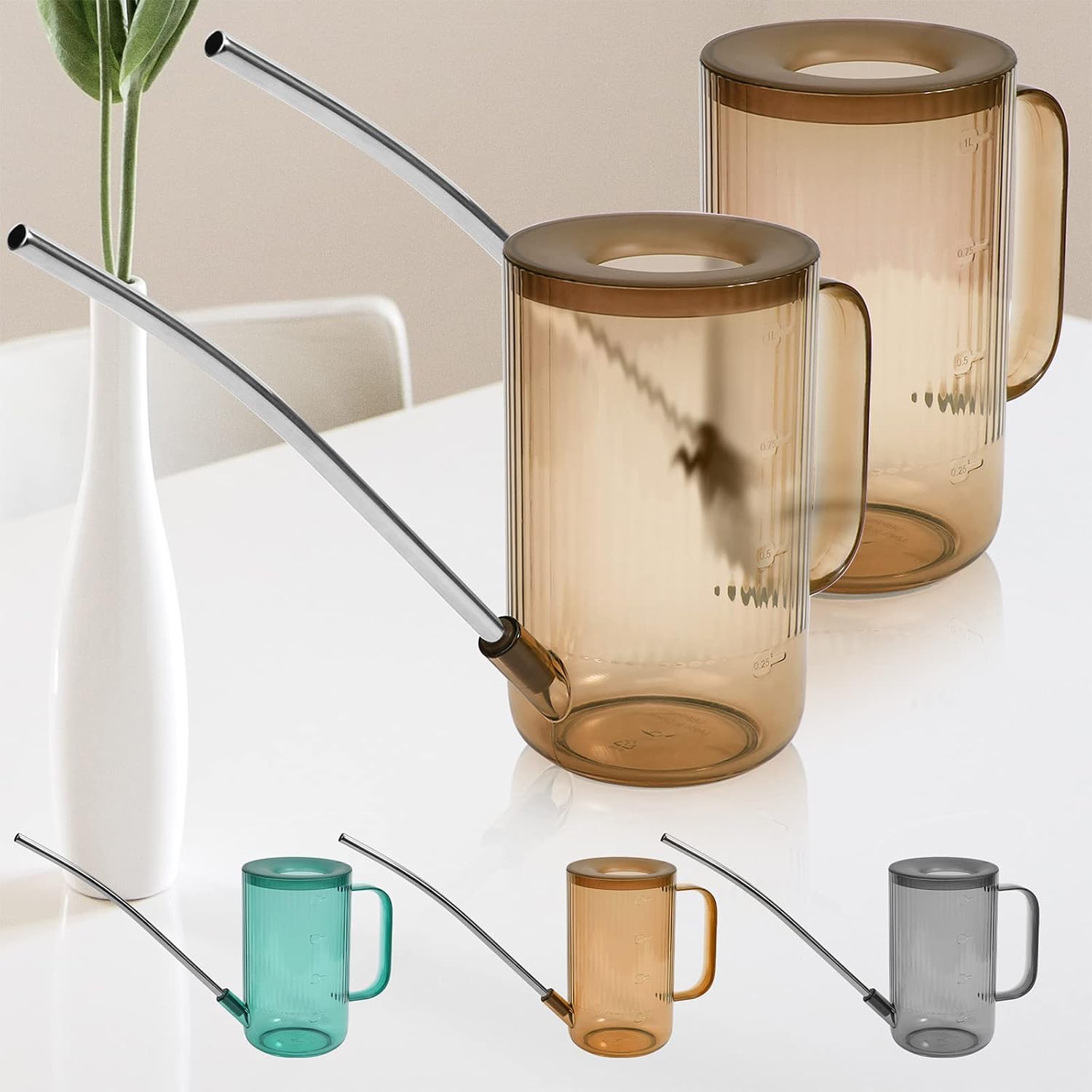 Watering Can Indoor Plants, ZOUTOG 2 Pack Plastic Plant Watering Devices with Long Spout, Indoor Watering Can for House Succulent Plants - 34 oz / 1000 ml, Brown