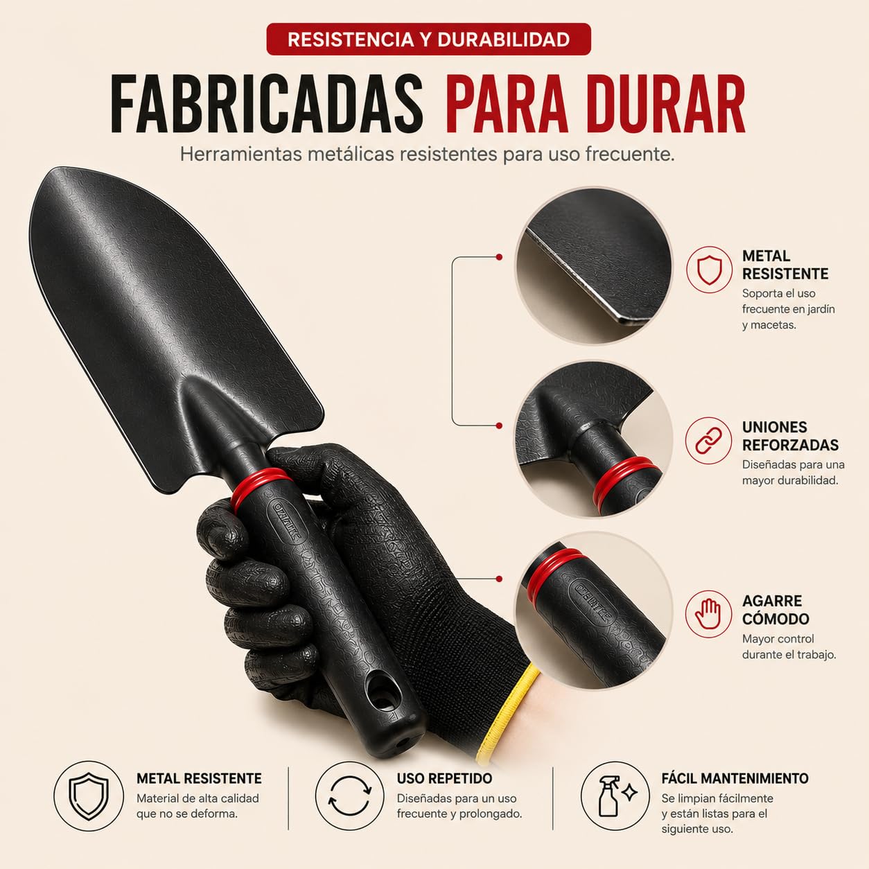 Kit 5 Herramientas de Jardinería de Metal Que Incluye Tijeras de Podar, Pala Trasplantadora, Rastrillo, Azada Doble y Guantes | Kit jardineria para Jardín, Huerto Urbano y Terraza (Rojo/Negro)