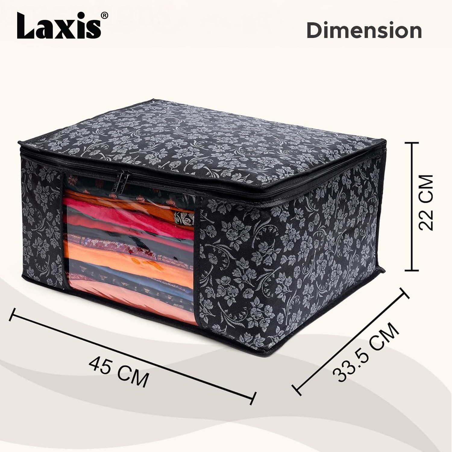 LAXIS® Saree Covers With Zip Non-Woven Printed Saree Cover/Saree Organizer For Wardrobe/Cloth Storage With Transparent Window/Saree Bags Storage/Clothes Organizer (Black- Pack of 3)