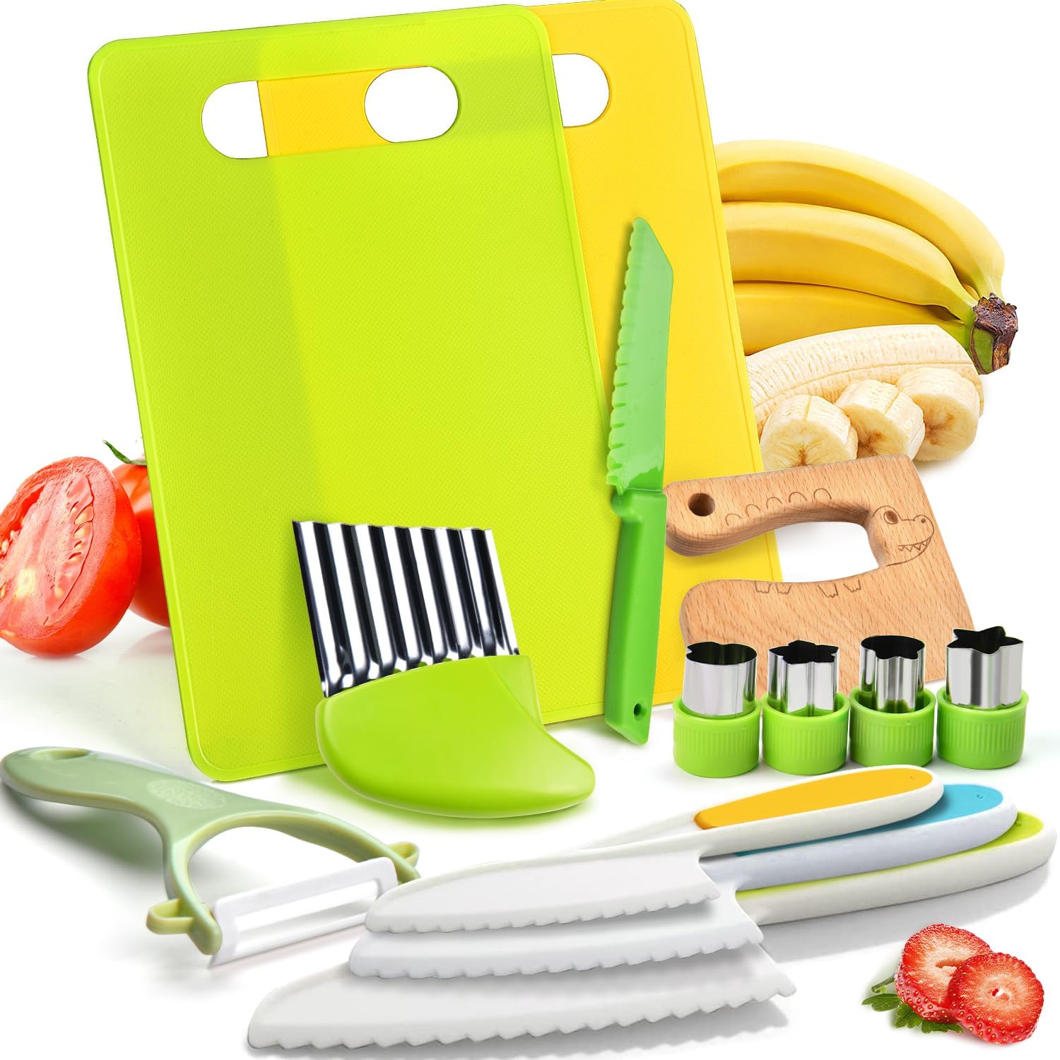Montessori Kitchen Tools,13Pcs Toddler Knife Set Kids Knife Set for Real Cooking-Kids Kitchen Tools Set Include Toddler Knives Cutting Boards Sandwich Cutters Peeler for Toddler Birthday Gift