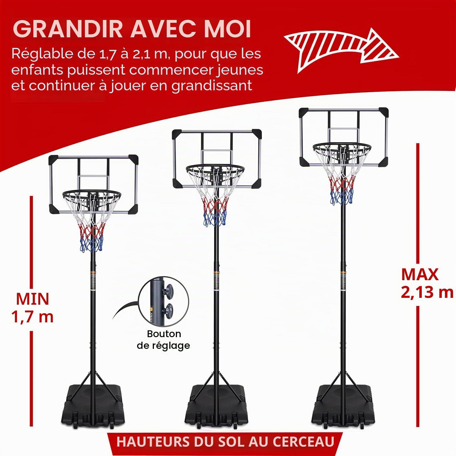 Panier de basketball portable sur pied réglable de 7 pieds avec panneau arrière transparent pour intérieur/extérieur, 165-213 cm
