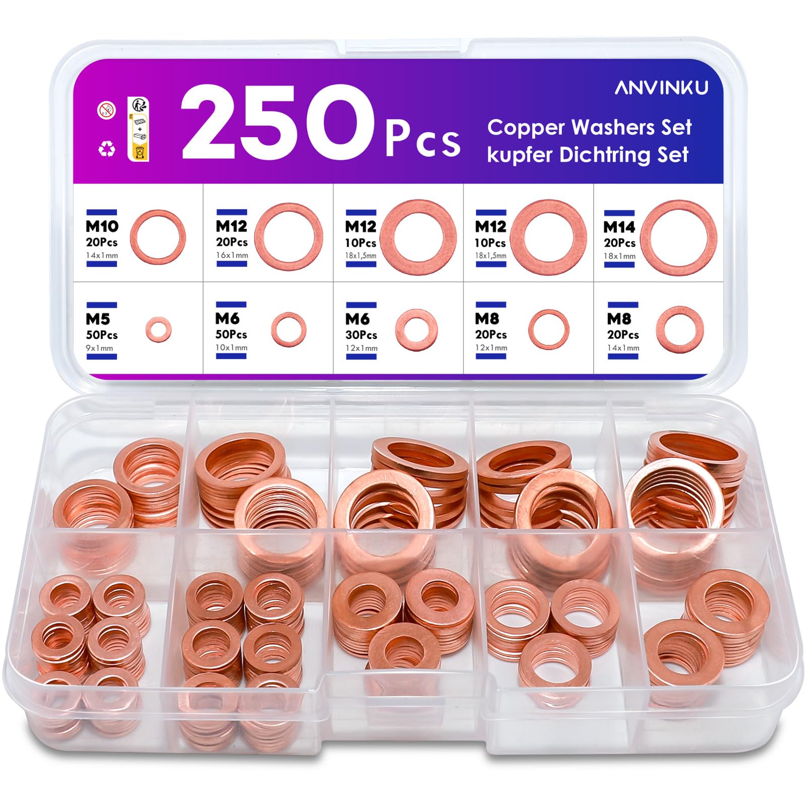 ANVINKU Kupferdichtringe Sortiment,250 Stück, Kupferdichtringe, Unterlegscheiben set, Kupferringe Sortiment M5 M6 M8 M10 M12 M14, Fitschenringe Sortiment für Kraftstoffzubehör