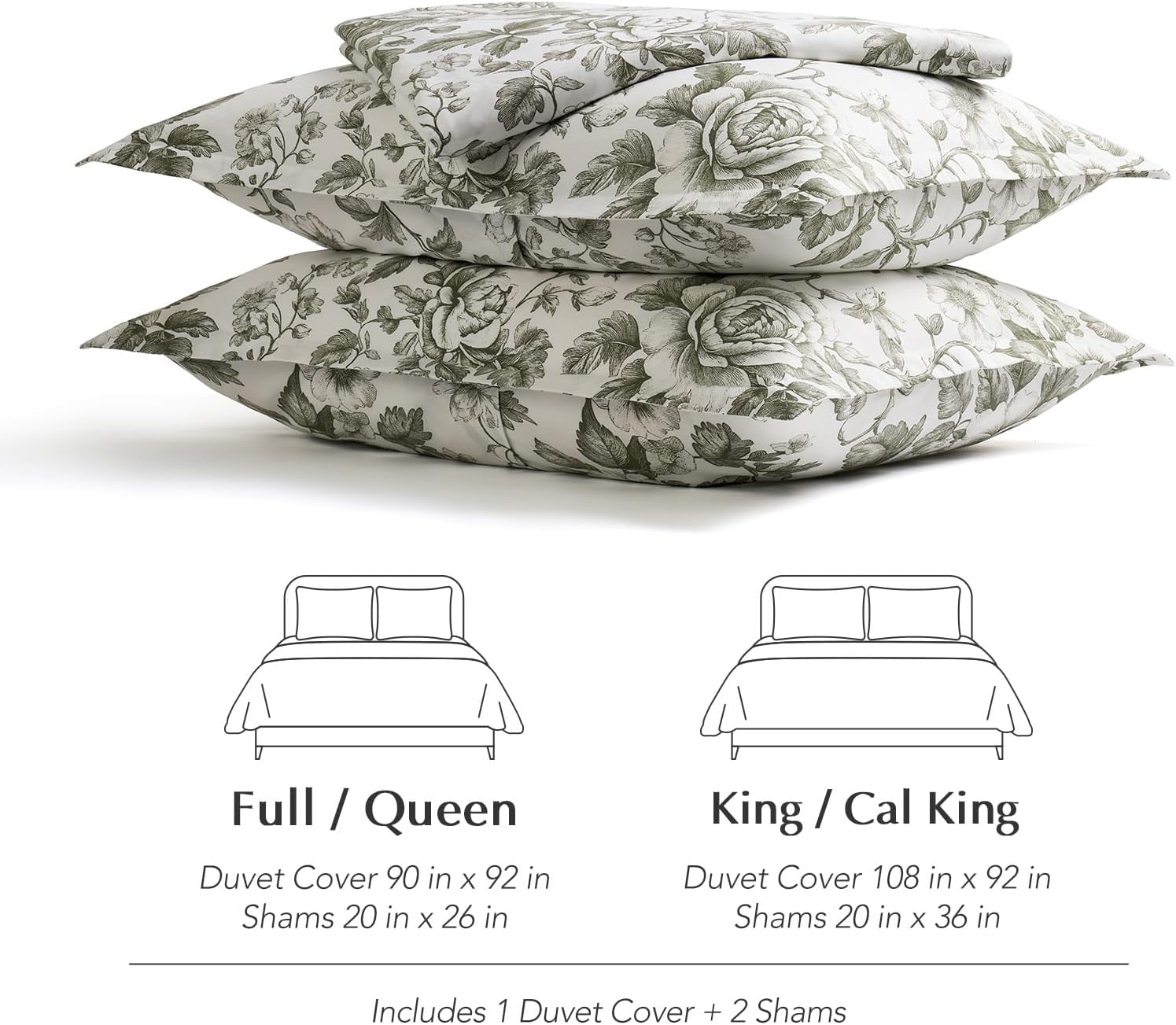 EverGrace 100% Cotton Sateen Duvet Cover Set Queen Size, 3 Piece Floral Toile Bedding Set, Pre-Washed Soft & Breathable, Button Closure with 2 Pillow Shams, Olive Green, 90"x92"