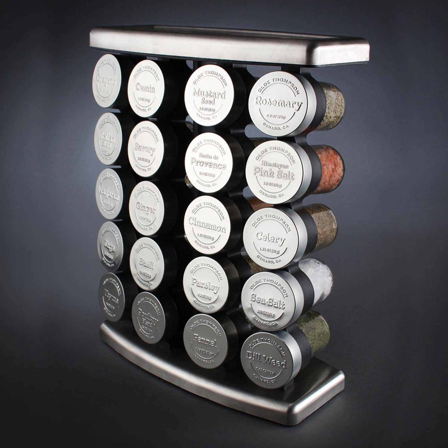 Burton McCall Olde Thompson 20 Embossed Metal Cap Spice Glass Jars and Stainless Steel Spice Jar Rack with Spices