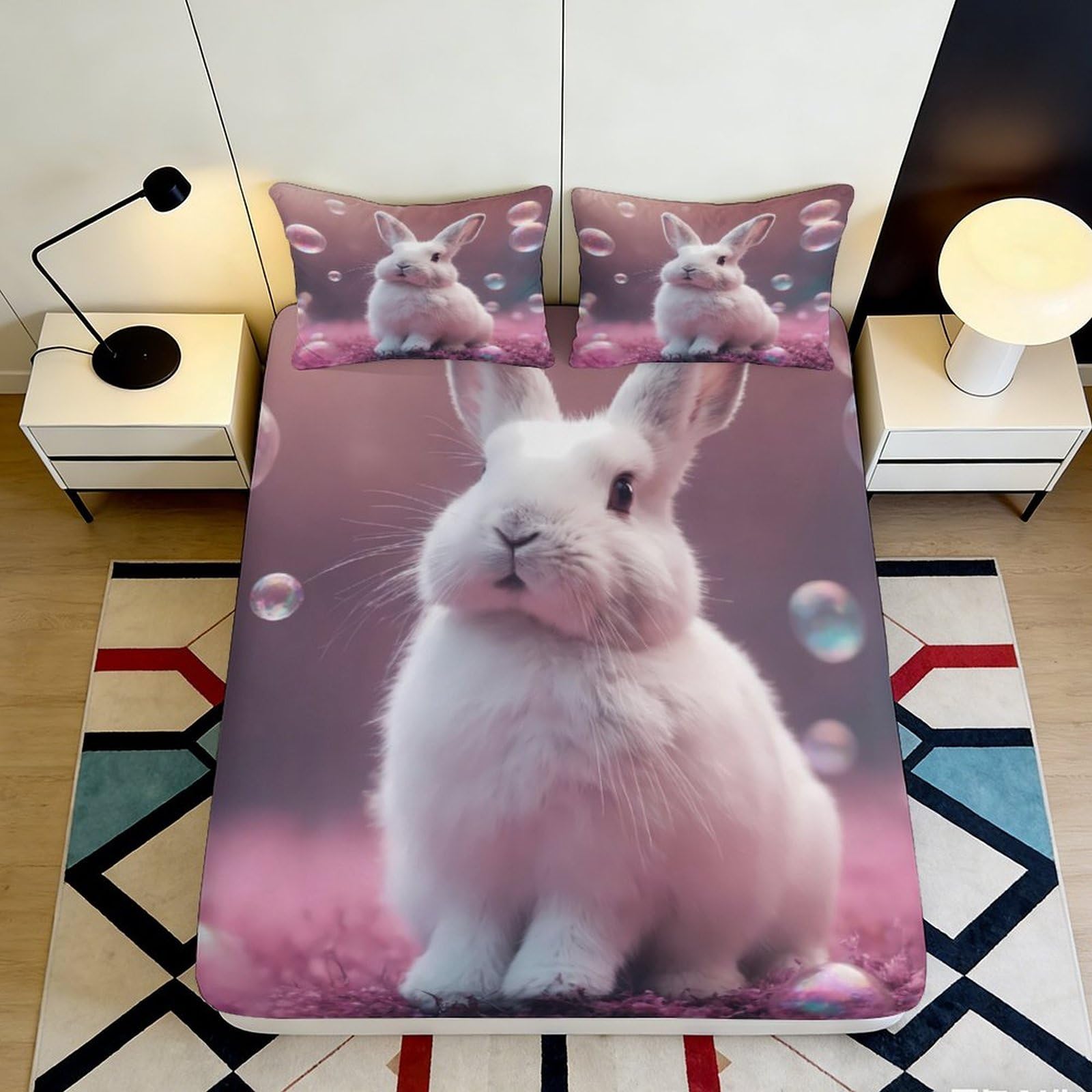 3D Printed Cute Bunny Fitted Sheet Microfiber Soft Comfortable Rabbit Patterned Bed Cover for Bedroom Dormitory Guest Room Mattress Protection 90x200x25cm