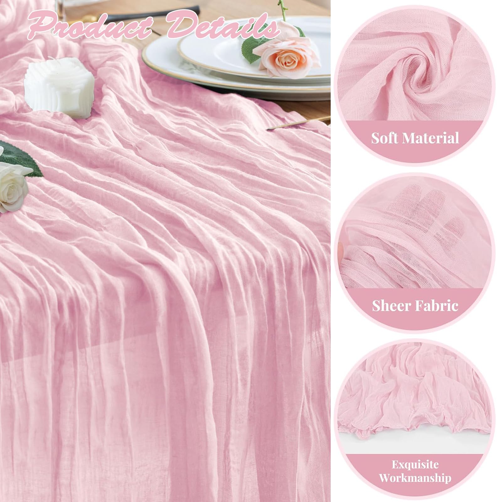 6 Pack Cheesecloth Table Runner - 35x120 Inch Light Pink Boho Gauze Table Runner, 10FT Pink Cheesecloth Runners for Tables Baby Shower Wedding Party Bridal Decor