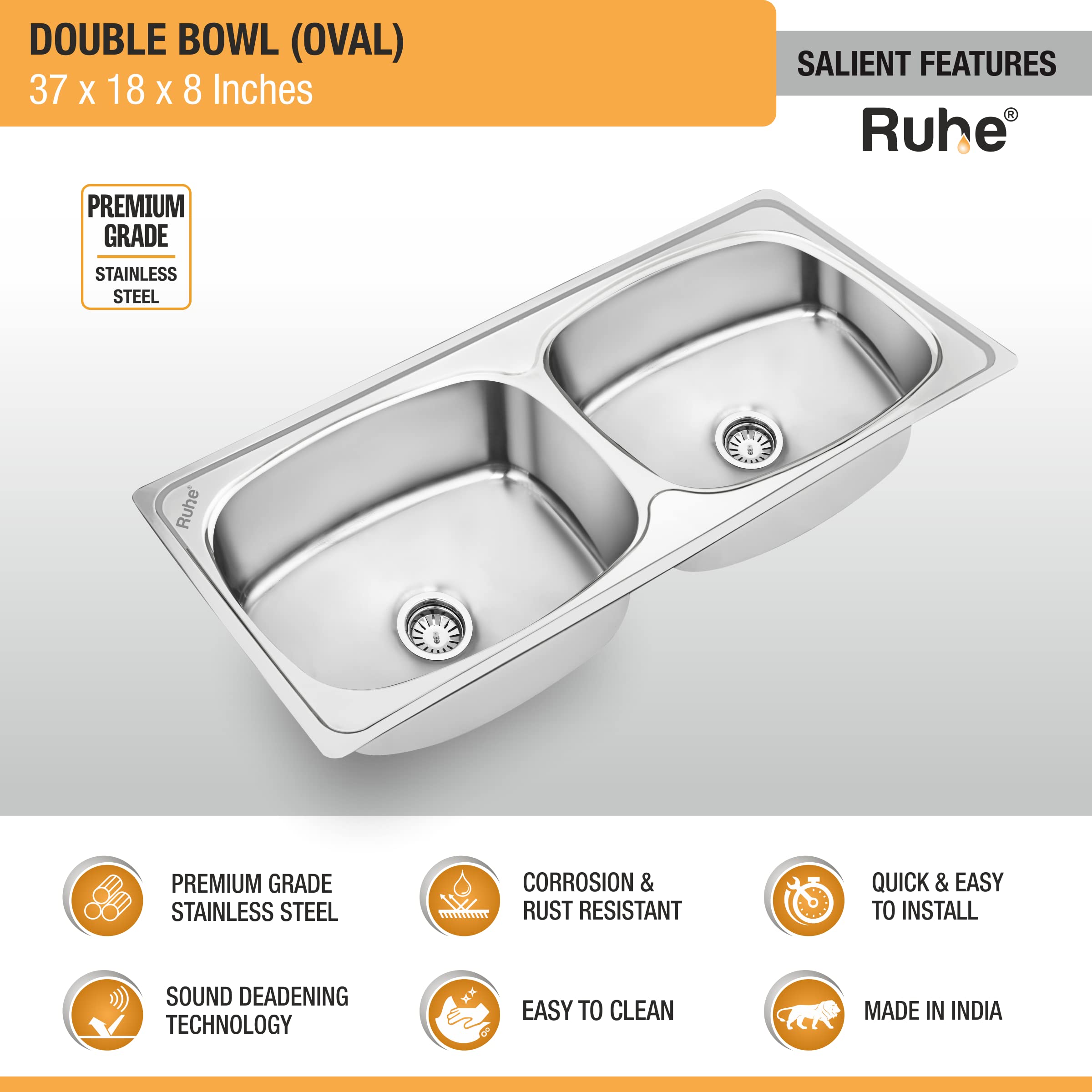 RuheοΏ½ Oval Double Bowl 37 x 18 x 8 inches Kitchen Sink | Premium Stainless Steel Oval Double Bowl Kitchen Sink | Glossy Finish | Sink Coupling and Waste Pipe 1